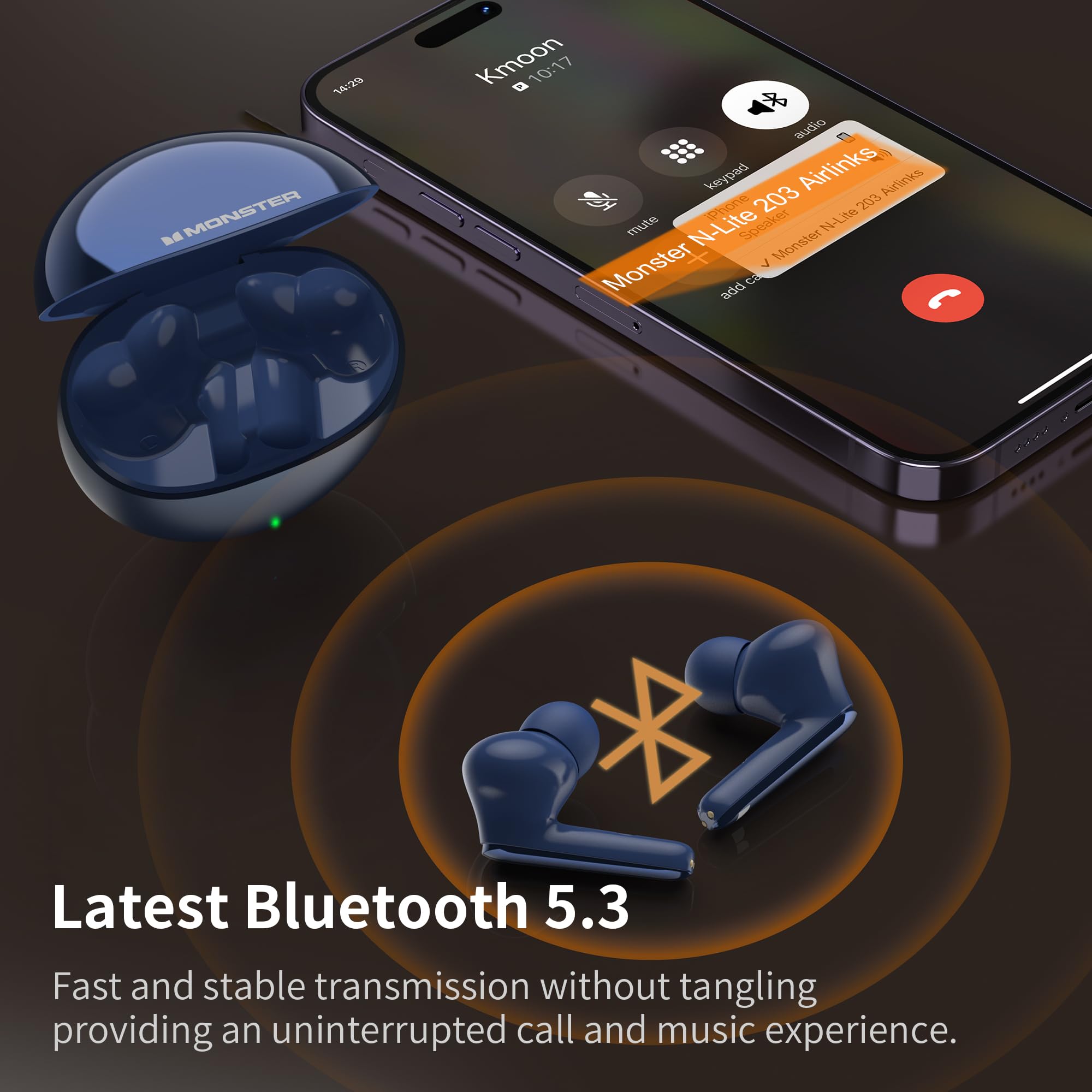Monster N-Lite 203 AirLinks Wireless Bluetooth 5.3 Earbuds - HiFi Stereo Sound, Crystal Clear Calls, 30H Playtime, Type-C Fast Charging, IPX6 Waterproof In-Ear Headphones (Blue) - Perfect for Gym, Running, Travel & Workouts