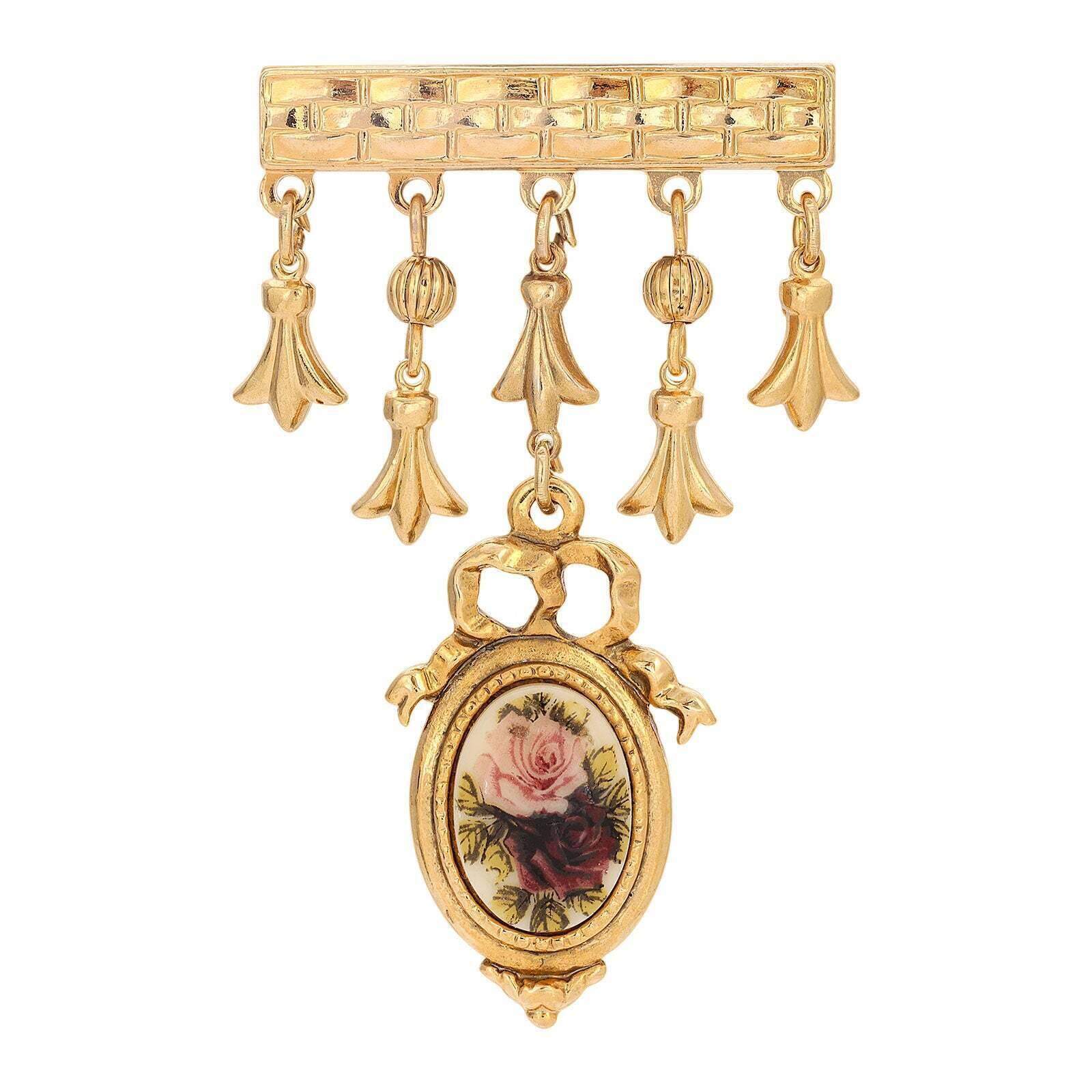 Vintage 1928 Jewelry Manor House Royal Rose & Charms Bar Pin - Elegant Antique Brooch for Women, Perfect for Weddings, Parties & Vintage Fashion Accessories