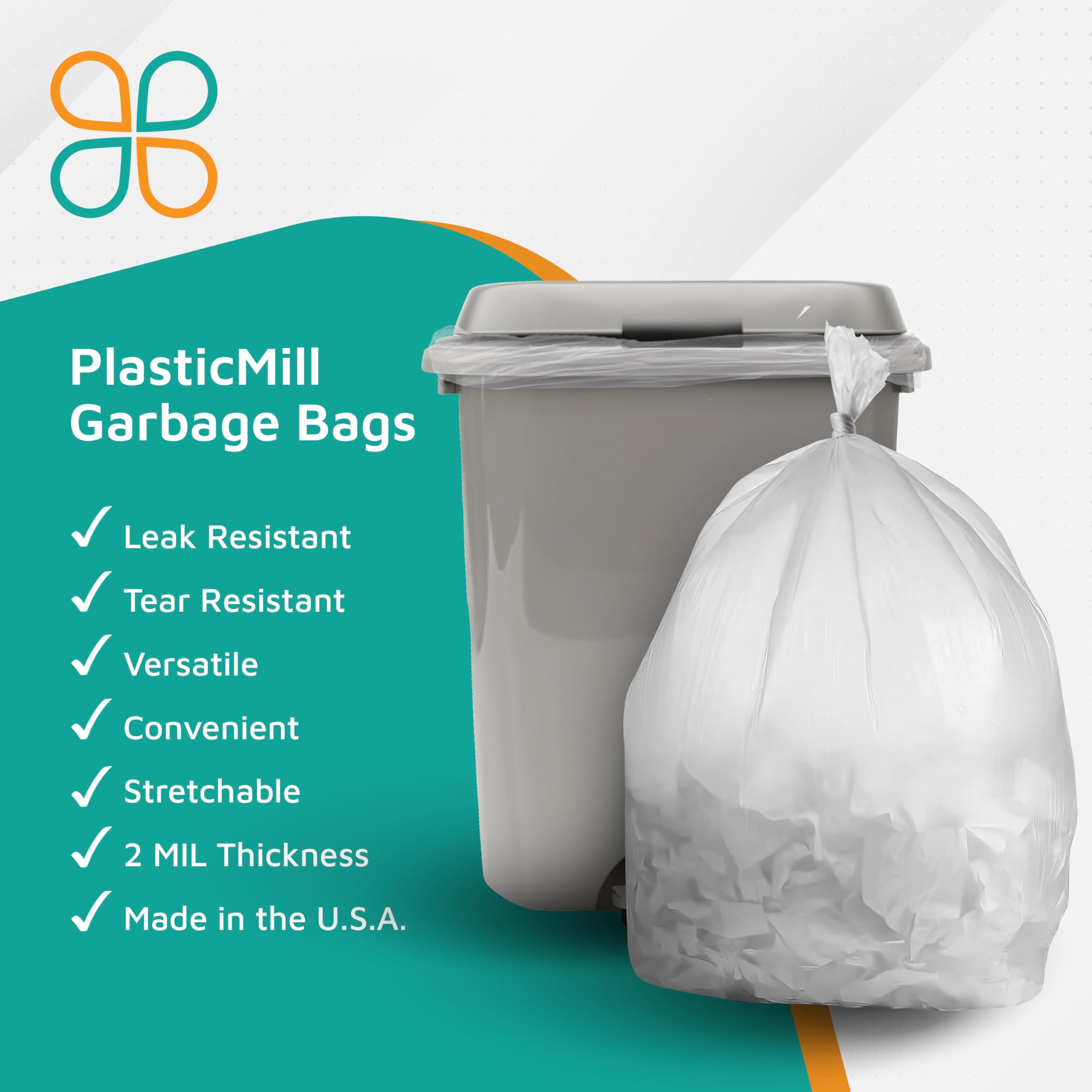 PlasticMill Heavy Duty 33-Gallon Clear Trash Bags - 2 Mil Thick Large Kitchen Garbage Bags (33
