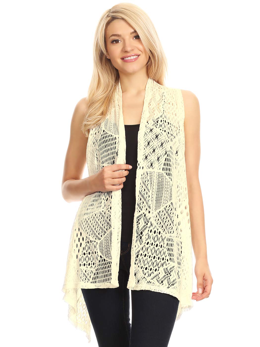 Anna-Kaci Women's Sleeveless Open Front Crochet Shawl Cardigan - Lightweight Beach Cover Up for Bikini, Swimwear & Summer Outfits