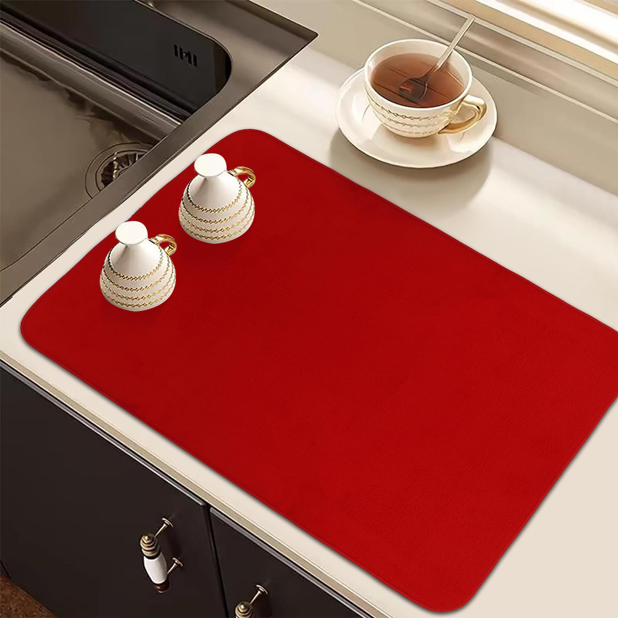 **Premium Microfiber Dish Drying Mat for Kitchen - 50x70cm Reversible & Absorbent - Heart Home Non-Slip Countertop Mat (Red) - Perfect for Dishes, Utensils & Fruit Drying**