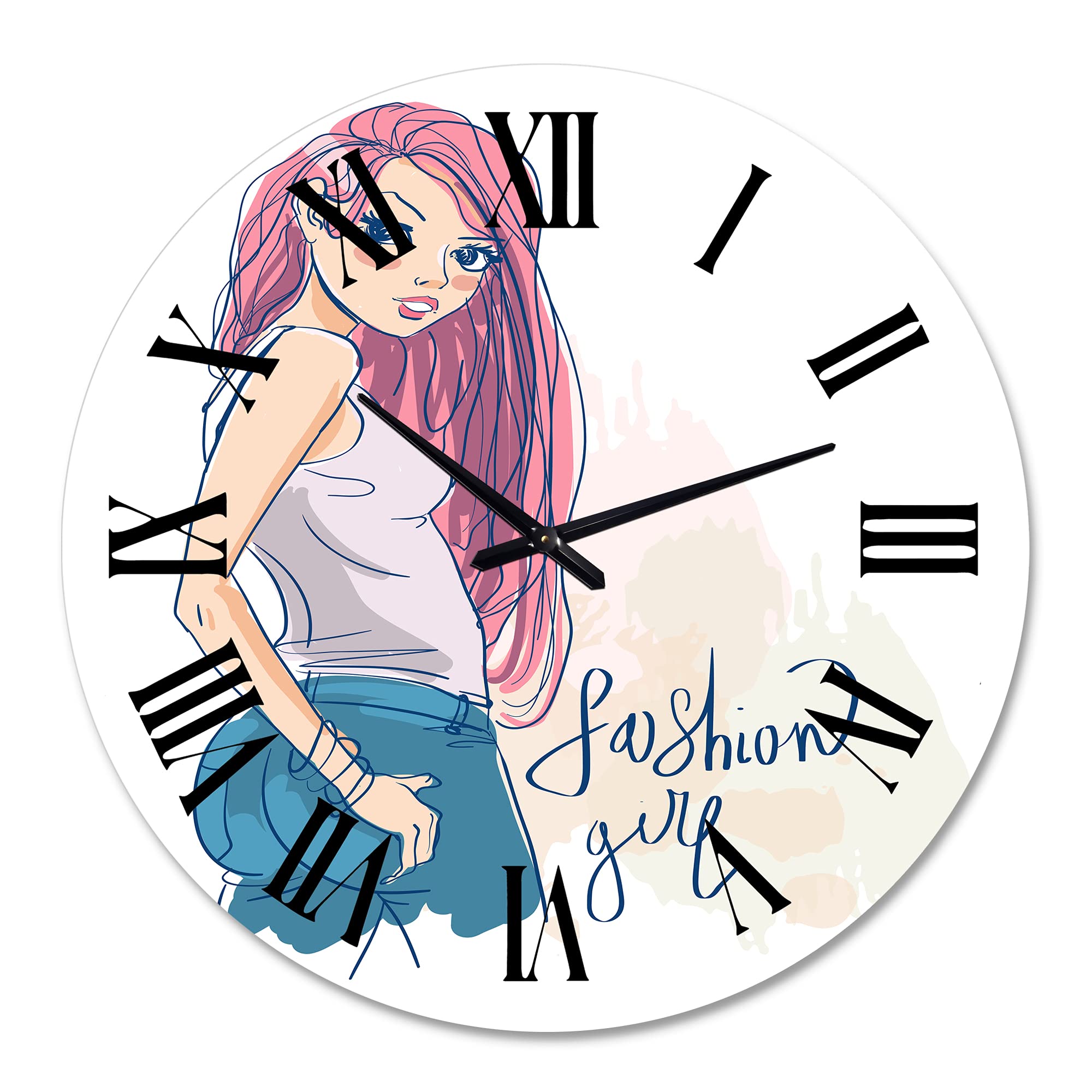 Trendy Fashion Girl Wall Clock for Kids Room Decor - Large Silent Non-Ticking Children's Art Clock - Perfect for Bedroom, Playroom & Nursery Decor (DesignQ)