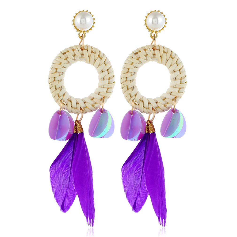 Bohemian Feather Drop Earrings for Women - Rattan Dangle Long Earrings with Ring Shape Design, YAZILIND Handmade Jewelry for Ladies & Girls, Perfect Birthday Gift for Boho Chic Style | Wedding, Festival, Party Accessories