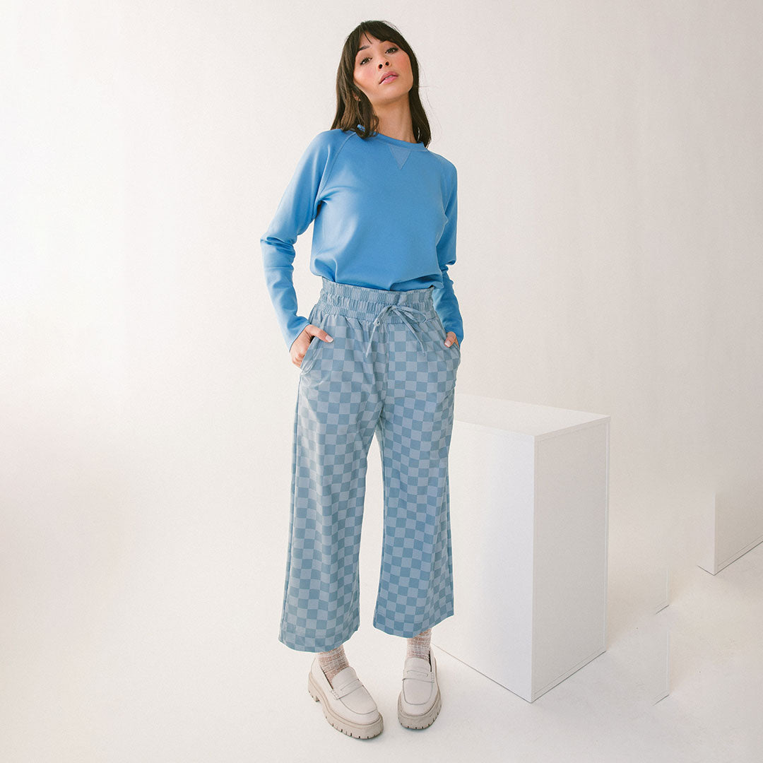 Audrey Wide Leg Pants - Blue Checker Print High Waist Palazzo Trousers for Women | Office Wear, Casual Outfits & Summer Fashion