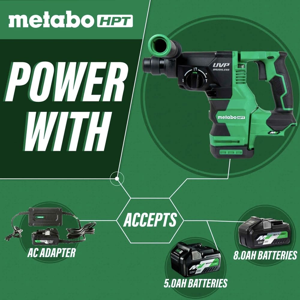 Metabo HPT 36V MultiVolt™ Cordless Rotary Hammer Drill - SDS Plus, 1-1/8-Inch Capacity, LED Light, Anti-Vibration (Tool Only, No Battery Included) - Perfect for Concrete Drilling, Masonry Work, and DIY Home Renovations