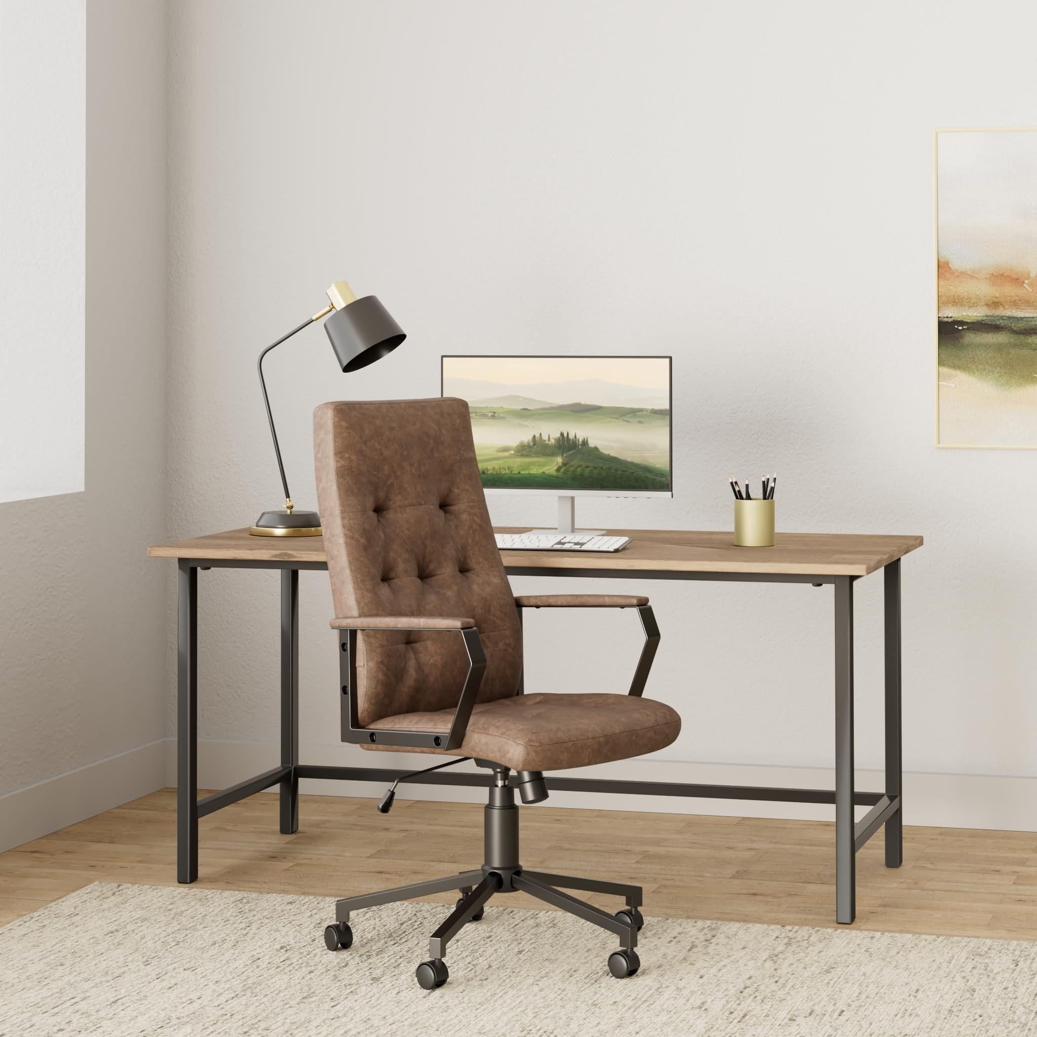 SIMPLIHOME Foley Swivel Adjustable Executive Office Chair - Distressed Brown Faux Leather Ergonomic Desk Chair with Lumbar Support for Home Office, Study & Workspace - Modern Computer Chair for Long Hours Sitting