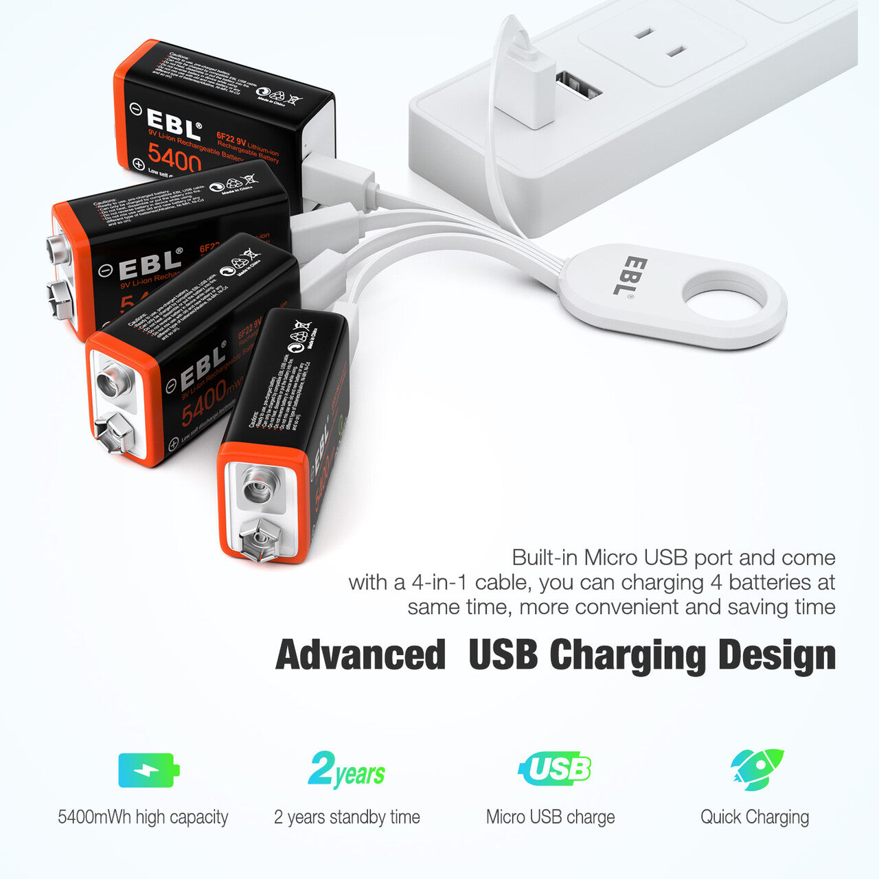 EBL USB Rechargeable 9V Lithium Ion Battery 5400mWh - Long Lasting Power for Guitar Pedals, Smoke Detectors & Electronic Devices