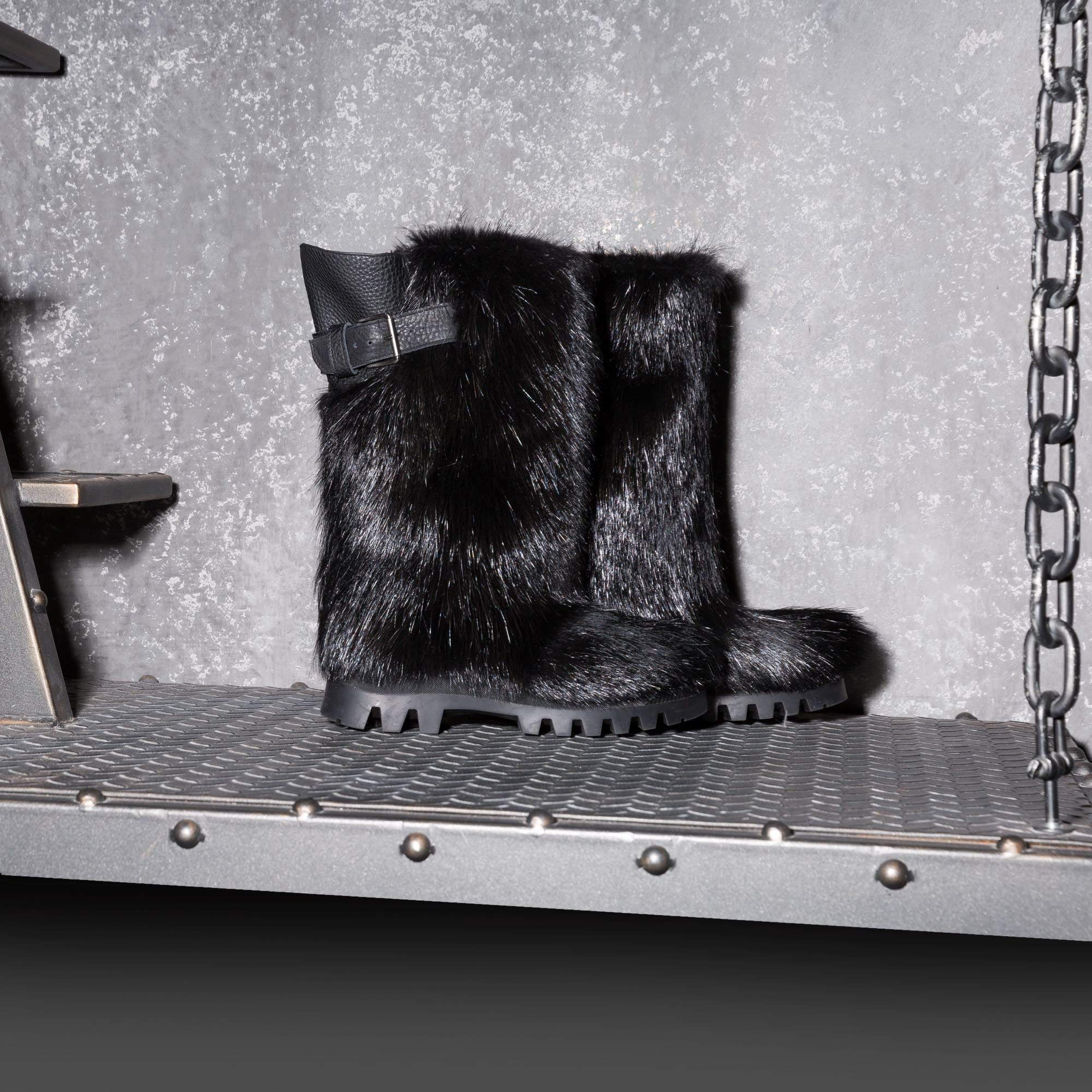Men's Black Long Nutria Fur Boots - Warm Mukluks, Viking Style Winter Snow Boots with Furry Lining | Perfect for Arctic Adventures, Snowshoeing & Extreme Cold Weather
