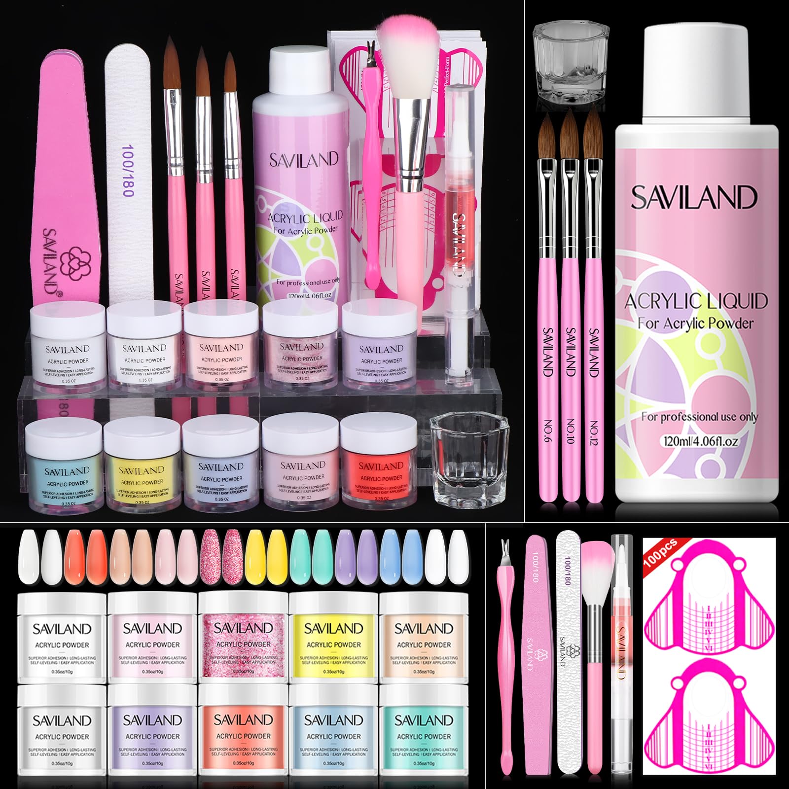 SAVILAND 10 Colors Glitter Nudes Acrylic Nail Kit - Professional Acrylic Powder & Liquid Set with Nail Brushes, Dappen Dish, Cuticle Oil - DIY Manicure Tools for Home & Salon Use - Perfect for Nail Art, French Tips, and Acrylic Extensions