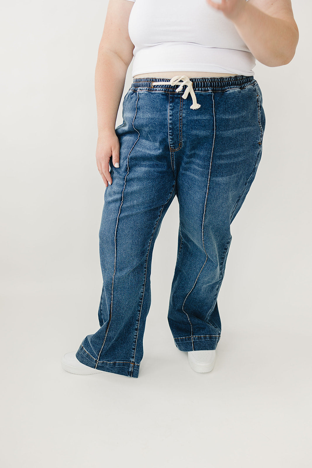 High Rise Wide Leg Denim Joggers for Women - Comfortable Stretchy Casual Pants for Lounge, Travel & Everyday Wear