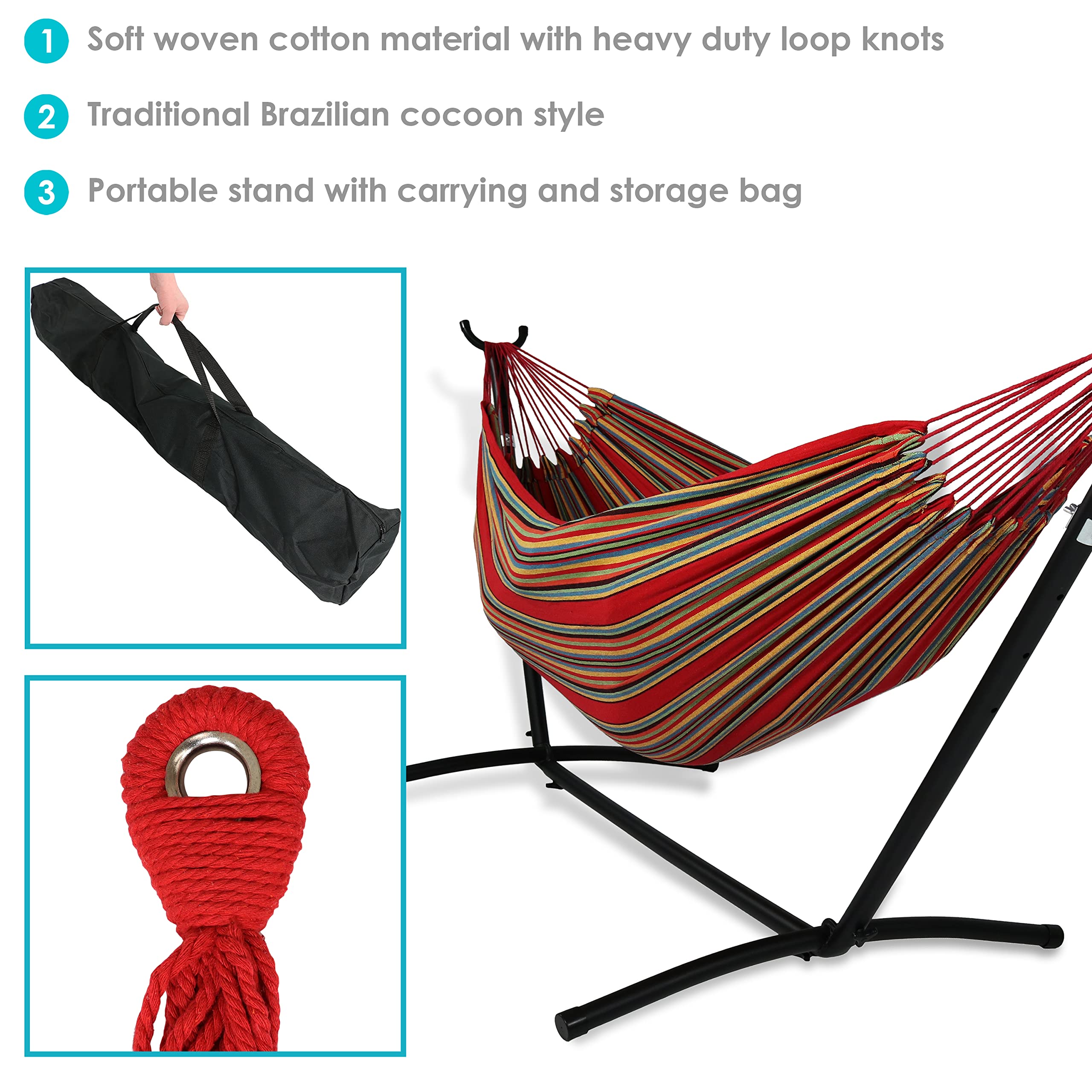 Premium Double Brazilian Hammock with Stand - 400lb Weight Capacity - Includes Carrying Case - Black Steel Frame - Sunset Design - Perfect for Backyard, Patio, Beach & Camping Relaxation