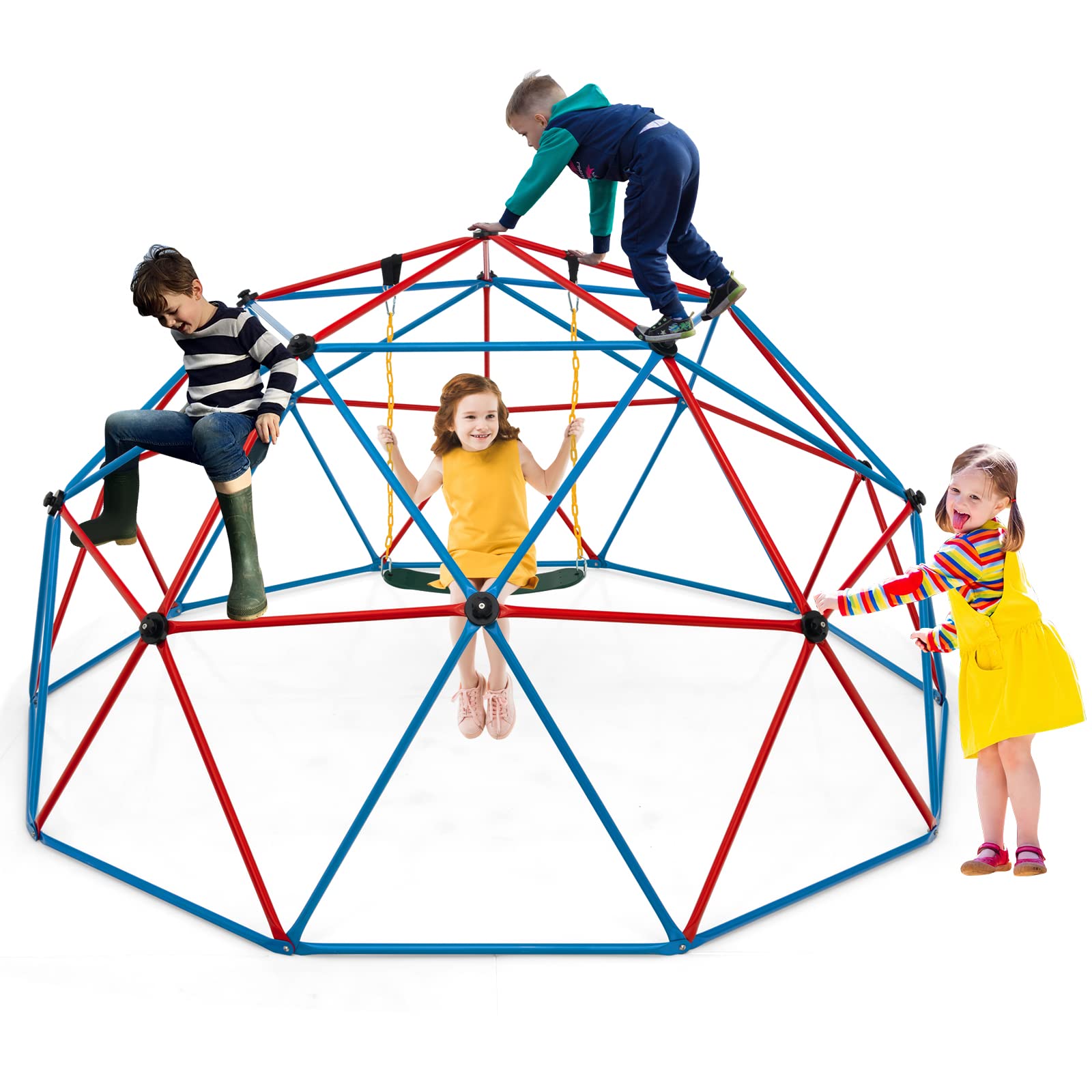 HONEY JOY 10FT Outdoor Climbing Dome with Swing Set - Heavy Duty 800LB Capacity Jungle Gym Monkey Bars for Kids Backyard Playground | Geometric Dome Climber for Toddlers & Children | Perfect for Outdoor Play, Birthday Parties & Backyard Adventures (Red)