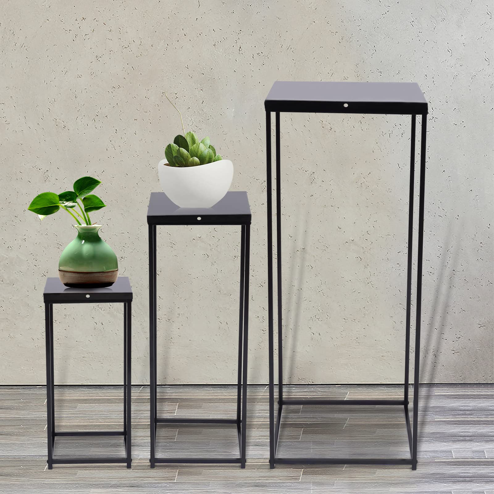 Tall Pedestal Metal Plant Stands Set of 3 - Black Flower Pot Holder Display Rack for Indoor Outdoor Use | Nesting End Tables for Balcony, Living Room, Party Decor | Durable High Column Plant Stands for Home & Garden (US Stock)