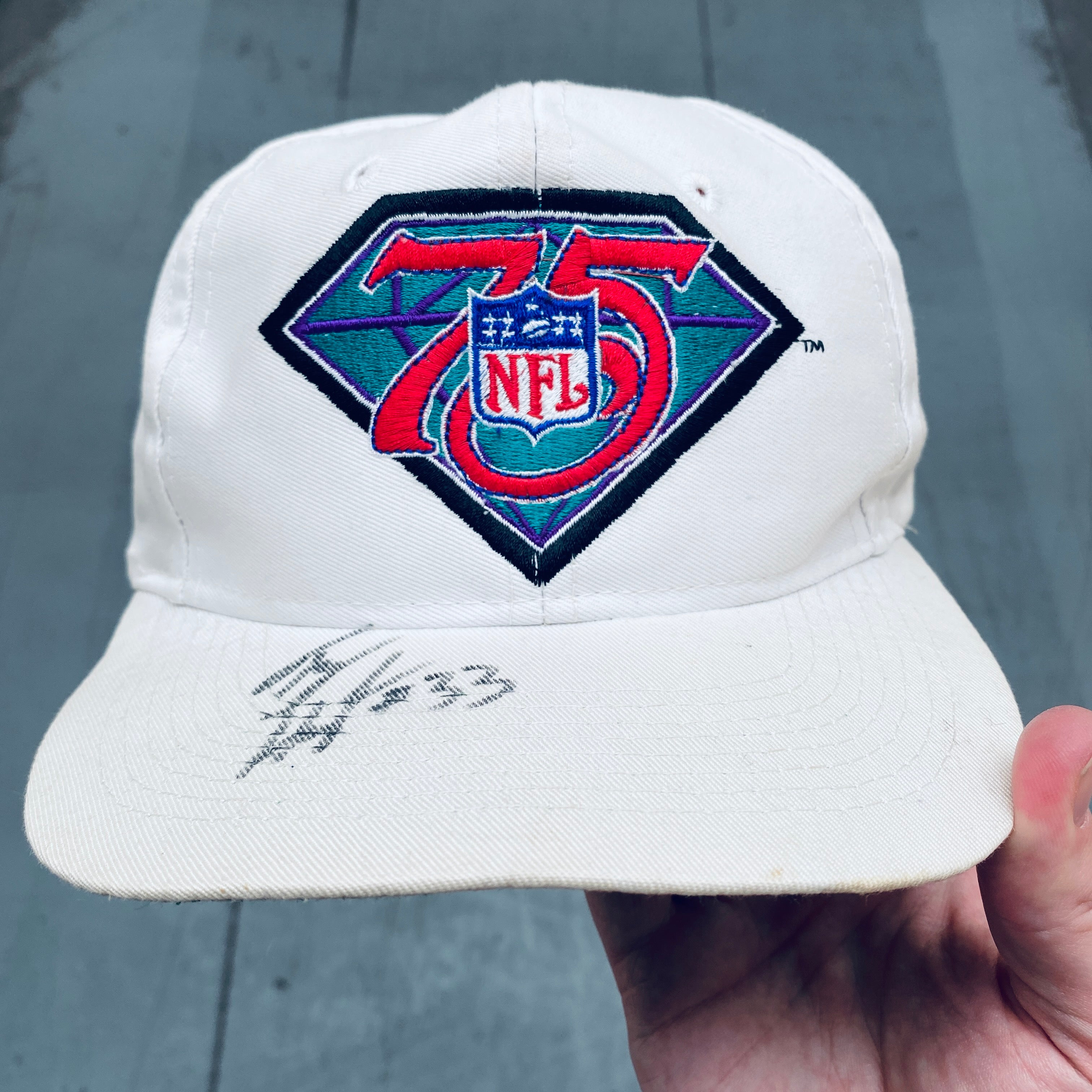 NFL 75 Year Anniversary Snapback Hat - Signed by James Stewart - Vintage Collectible Football Cap for Fans & Memorabilia Enthusiasts - Perfect for Games, Gifting & Display