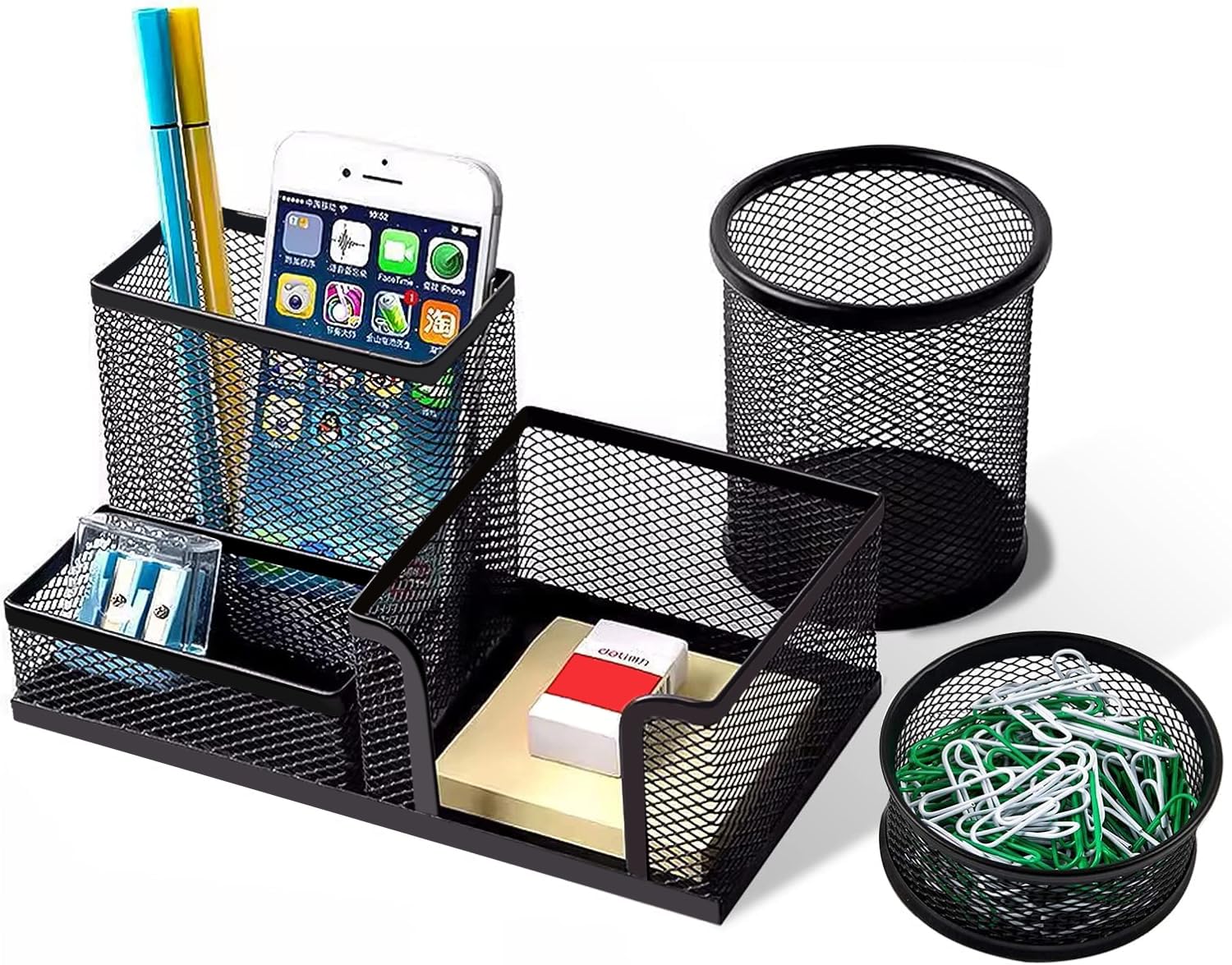 3-Pack Black Mesh Desk Organizer Set - 3-Compartment Pen Holder, Pencil Cup & Paper Clip Holder for Office & School Supplies | Perfect for Markers, Crafts & Stationery Organization