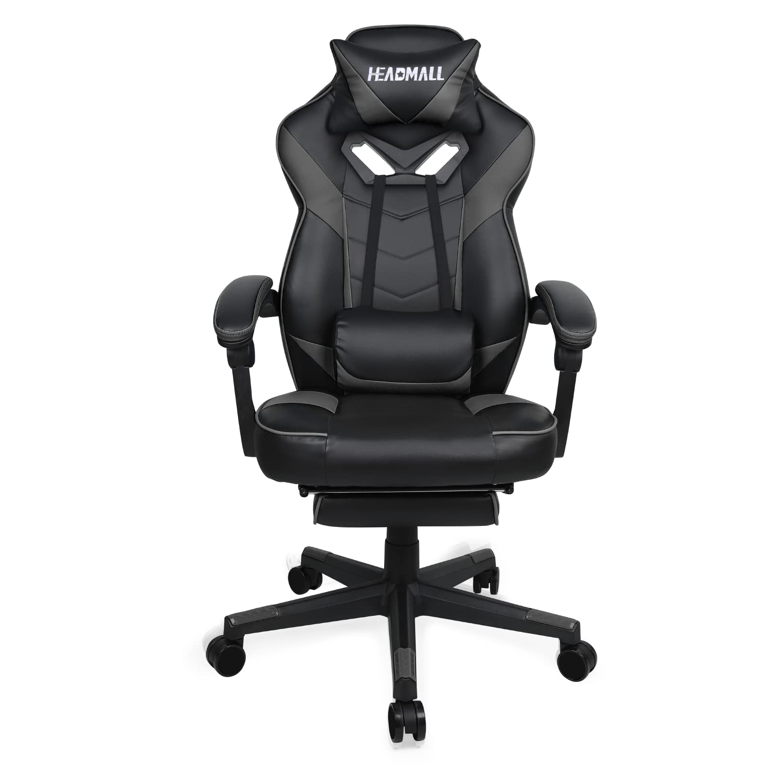 HEADMALL Ergonomic Gaming Chair with Adjustable Footrest - Premium Video Game Office Chair with Headrest Pillow & Lumbar Support - Swivel Seat in Black & Grey - Perfect for Esports, Streaming & Home Office Work