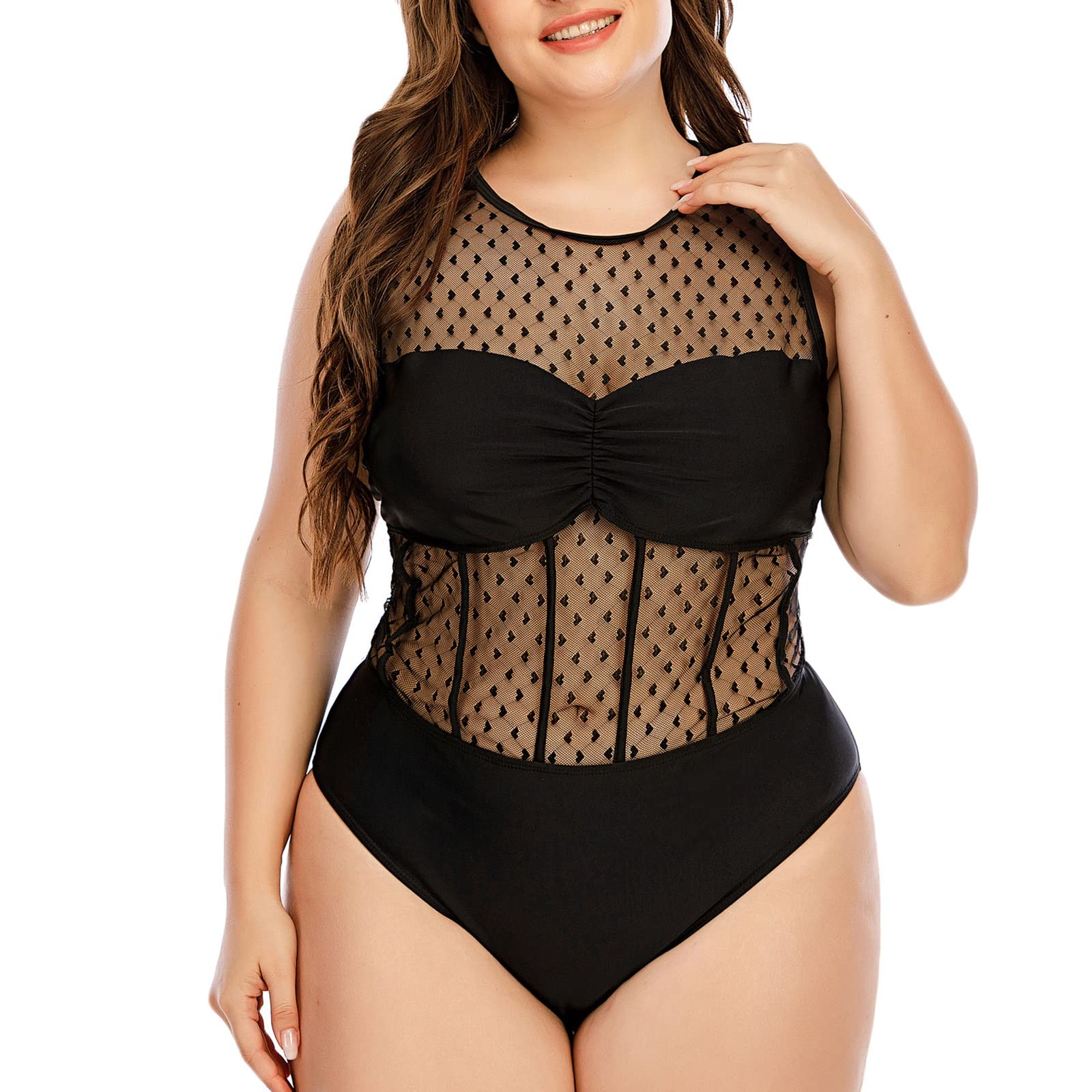 KnBoB Women's One Piece Swimsuit - Sleeveless Mesh Bathing Suit with Heart Pattern & Round Neck | Perfect for Beach Vacation, Pool Party & Summer Getaways