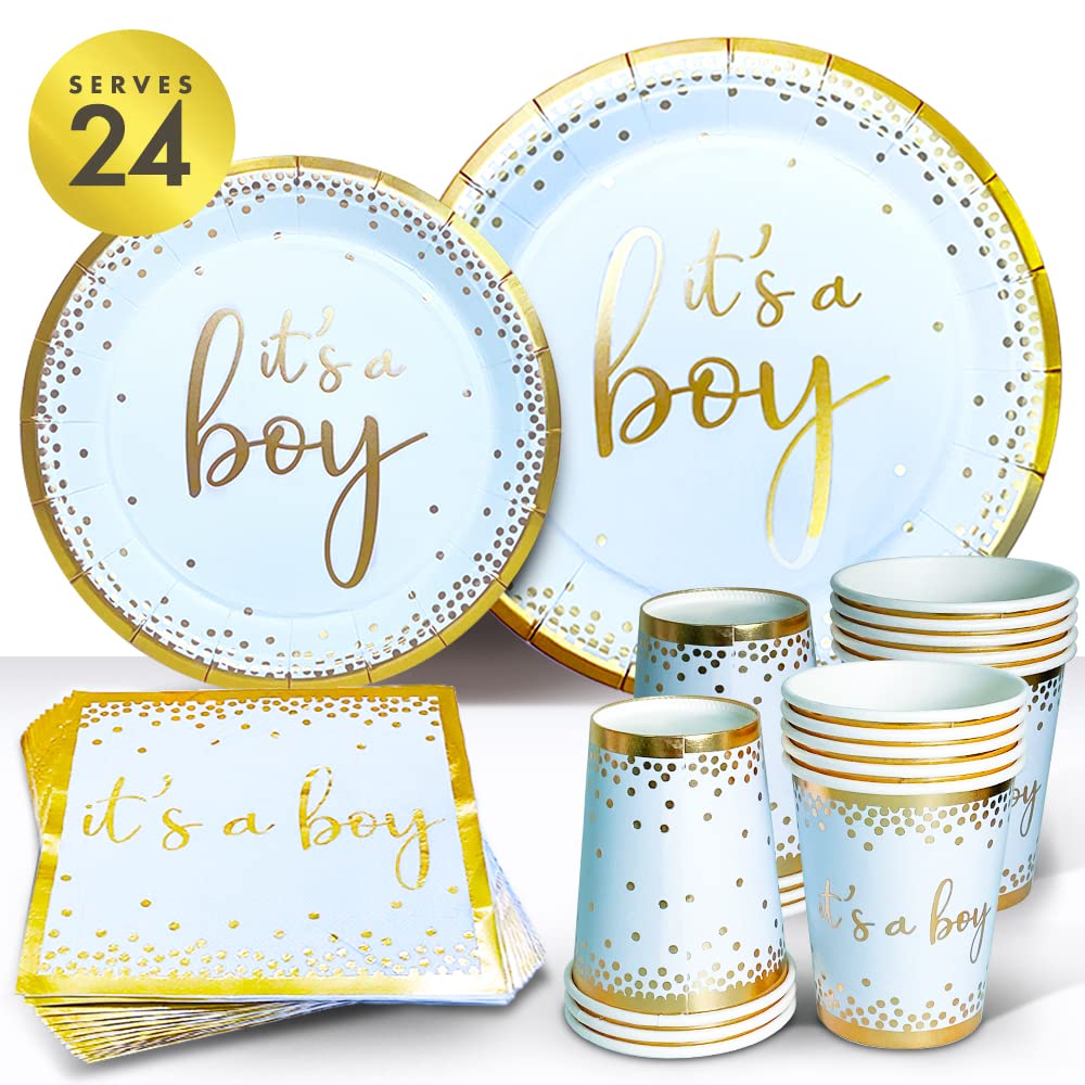Sweet Baby Co. Oh Baby Boy Shower Party Supplies Set - 24-Pack Light Blue & Gold Its a Boy Paper Plates, Napkins, Cups - Gender Reveal & Baby Shower Tableware Decorations for Birthday Celebrations - Perfect for Baby Showers, Gender Reveal Parties & Newborn Celebrations