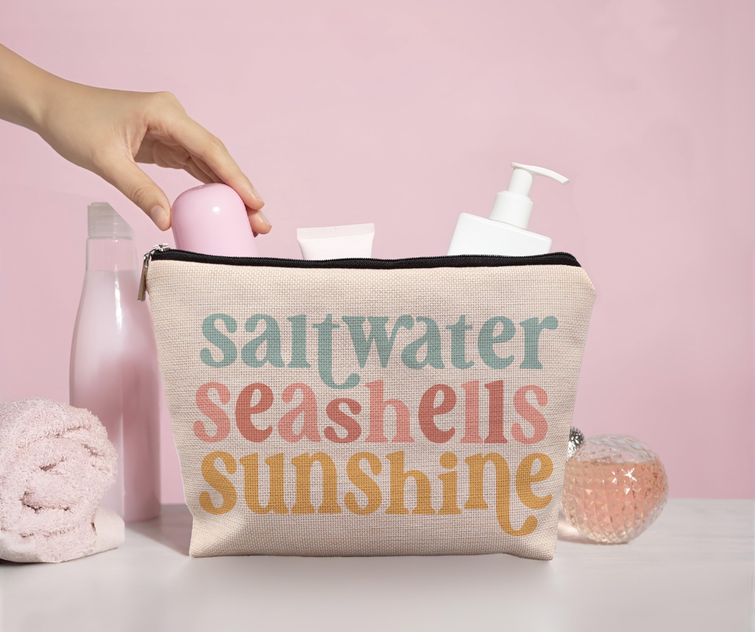 Waterproof Beach Makeup Bag for Women - Summer Travel Cosmetic Pouch with Zipper, Sunscreen & Seashell Design - Perfect for Beach Trips, Vacations & Outdoor Adventures