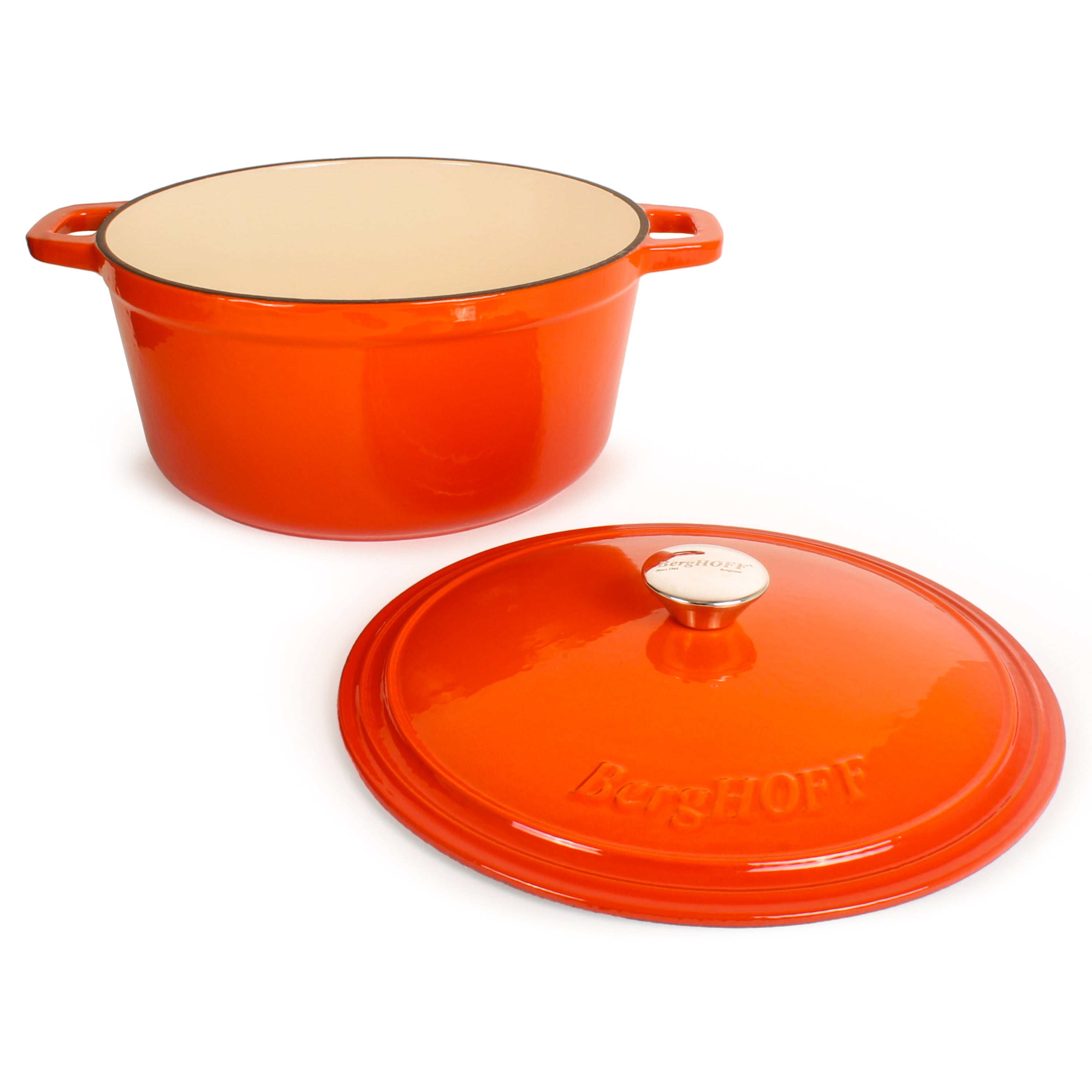 BergHOFF Neo Cast Iron 7-Quart Round Dutch Oven with Lid - Orange | Heavy Duty Enameled Cookware for Braising, Stewing & Baking | Perfect for Stovetop, Oven & Camping Use