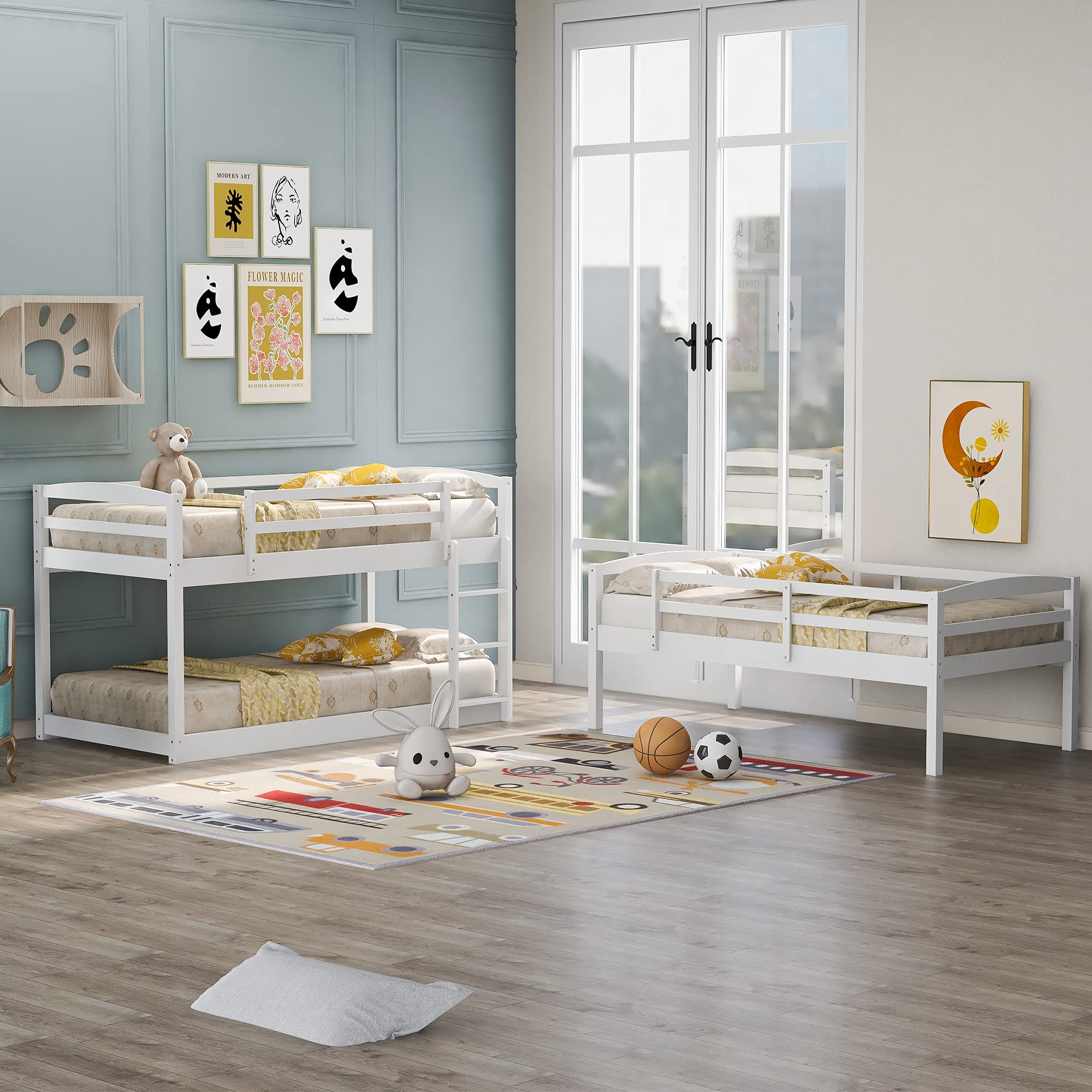 Solid Wood Triple Bunk Bed for Kids - Twin Over Twin Over Twin Bunk Bed Frame with 2 Built-in Ladders & Safety Guardrail, Convertible to Twin Bunk Beds or Loft Bed (White) - Perfect for Small Bedrooms, Kids' Rooms & Space-Saving Solutions