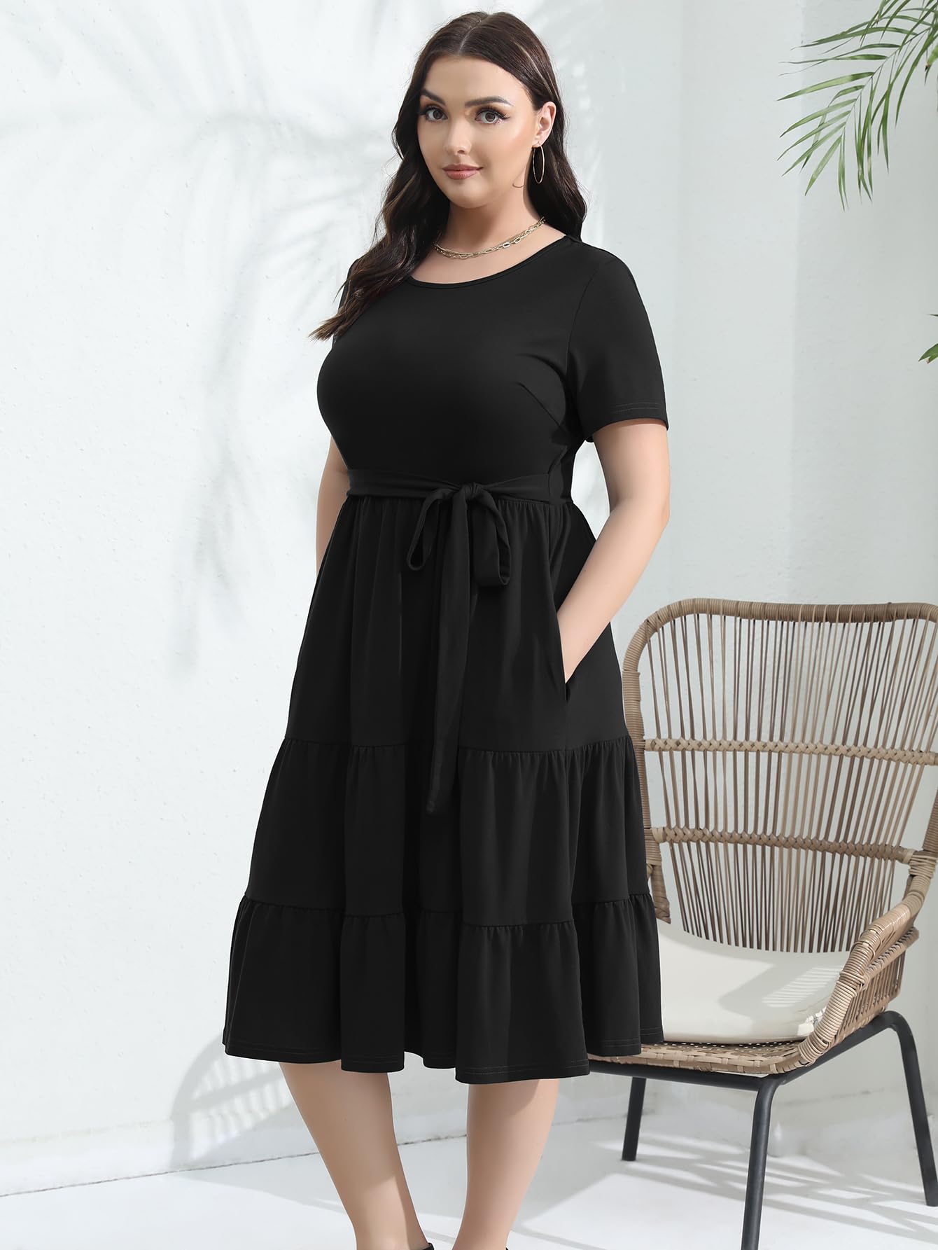 Elegant Plus Size Floral Midi Dress for Women 2025 - Tiered Flowy Belted Modest Wedding Guest Dress with Pockets | Perfect for Weddings, Parties & Special Occasions