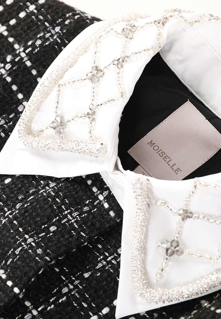 Elegant Black Tweed Dress with White Beaded Lapel - Perfect for Office, Cocktail Parties & Formal Events