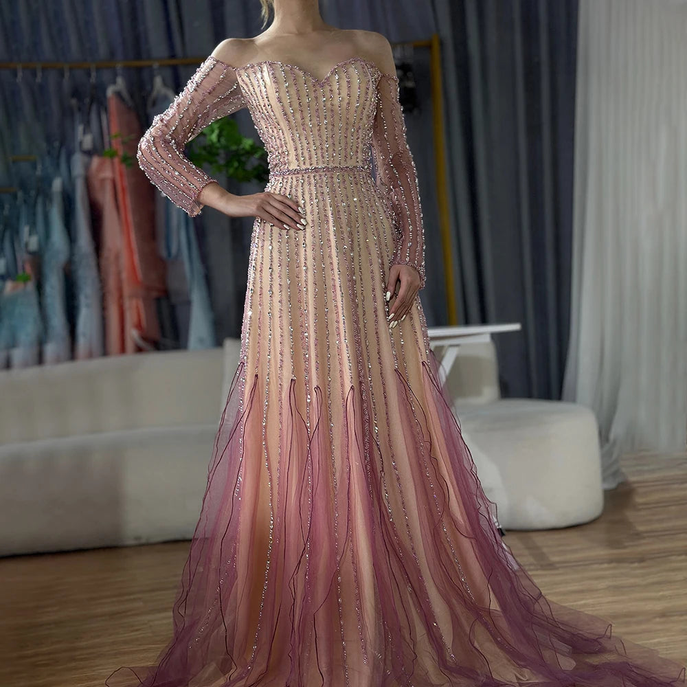 Elegant Purple Beaded A-Line Long Evening Dress for Women - Luxury Dubai Arabic Style Formal Gown LA72752 | Perfect for Weddings, Galas, and Special Occasions