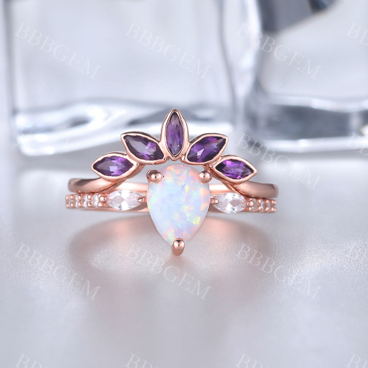 Pear Cut White Fire Opal & Amethyst Ring Set in 14K Rose Gold - Elegant Wedding Band, Anniversary Gift for Her, Perfect for Special Occasions