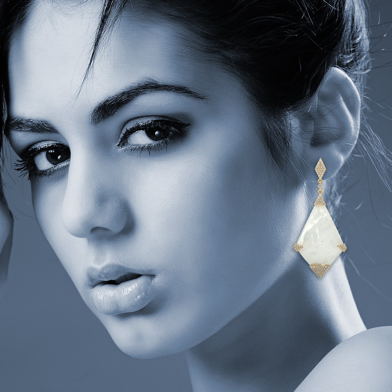 18K Yellow Gold Fancy Cut Mother of Pearl Micro Pave Diamond Dangle Earrings - Elegant Jewelry for Weddings, Parties & Special Occasions
