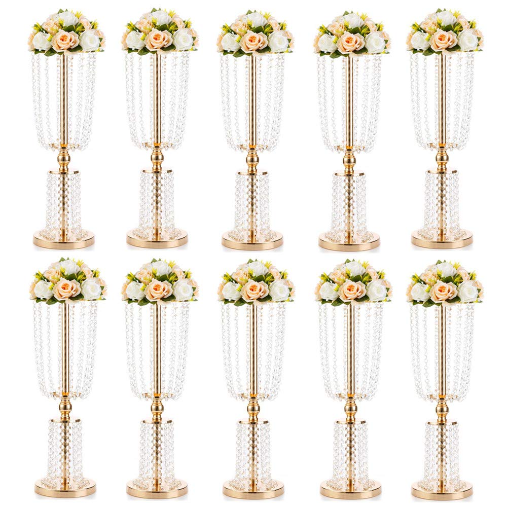NUPTIO 10-Pack 23.75 Inch Gold Metal Crystal Vases - Tall Wedding Centerpiece Flower Holders for Reception Tables, Bridal Showers, Home Decor & Event Decorations
