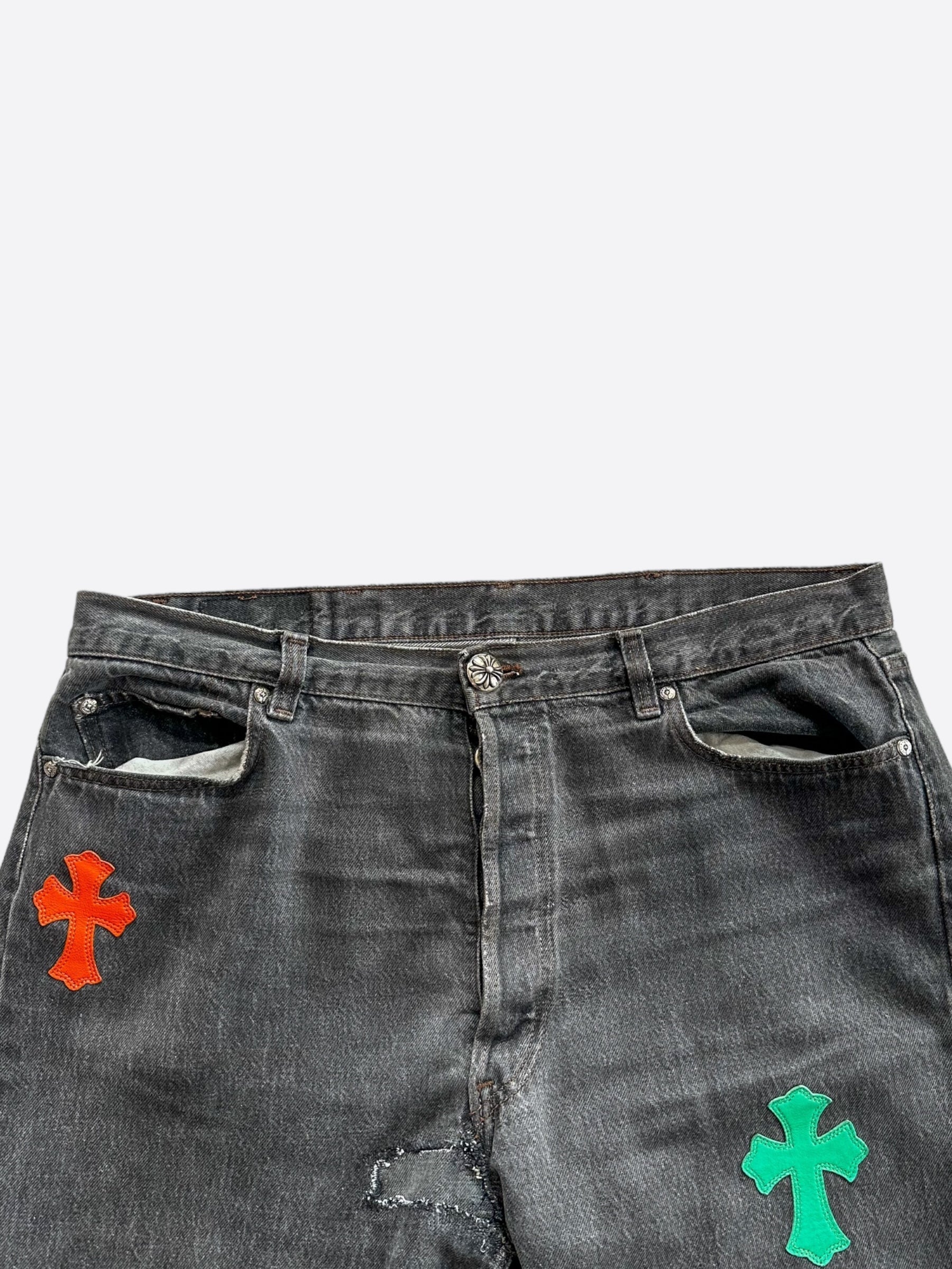 Chrome Hearts x Levi's Miami Patch Jeans - Grey, Green & Orange Distressed Denim for Men | Vintage Style Streetwear & Casual Outfits