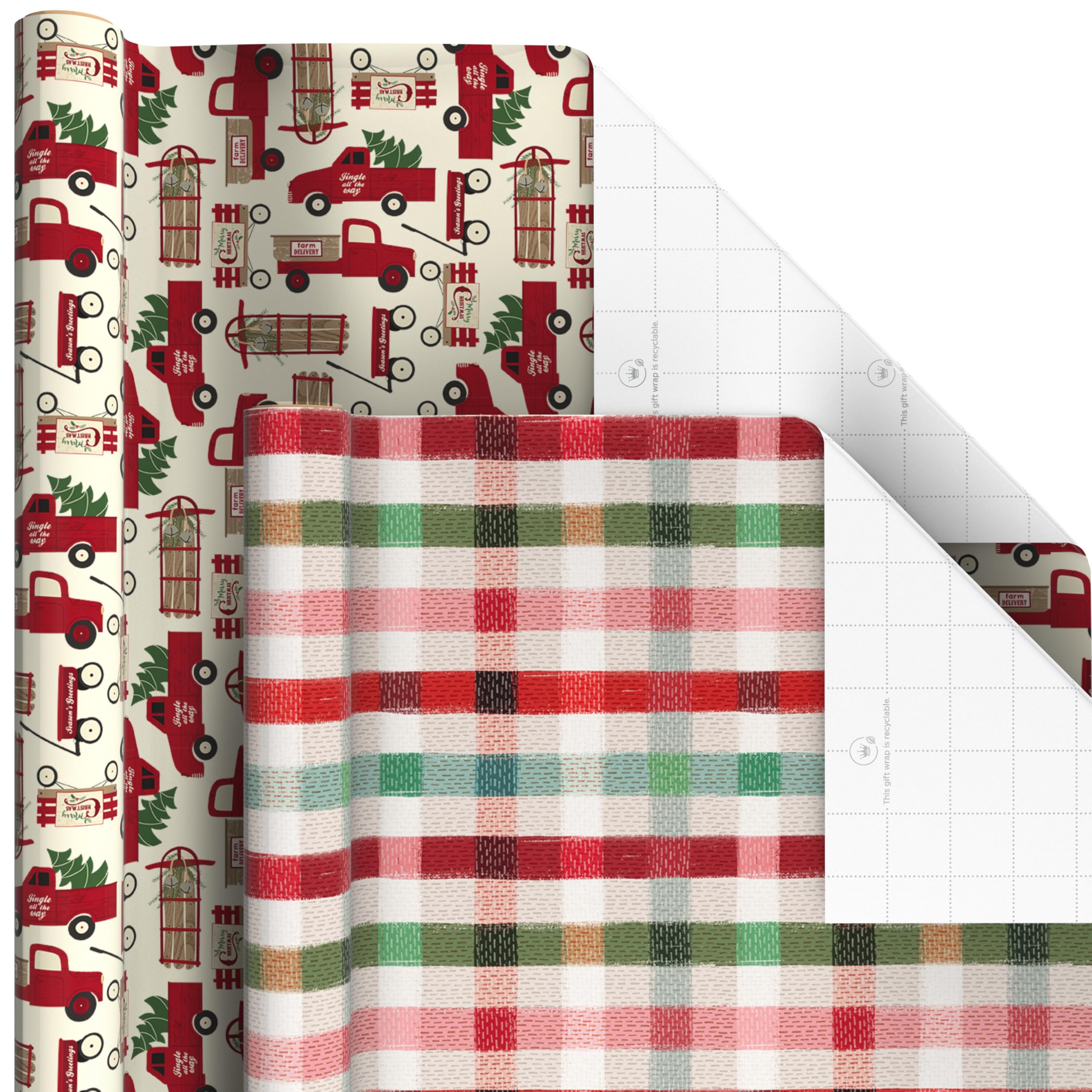 Hallmark Christmas Wrapping Paper Rolls - Rustic Holiday Gift Wrap Set of 6 Rolls (180 sq. ft) with Red Barn, Red Truck, Sled, Black Plaid, Gray & Red Stripes Designs - Perfect for Christmas Presents, Holiday Gifts & Party Decorations