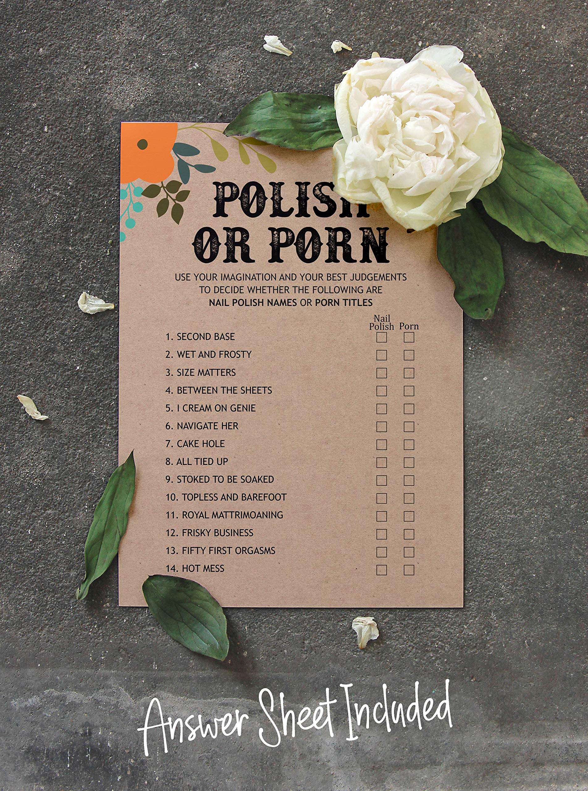 50-Pack Rustic Kraft Floral Bachelorette Party Cards | Bridal Shower Games, Polish or Porn Activity Set for Wedding Celebrations & Girls' Night Fun