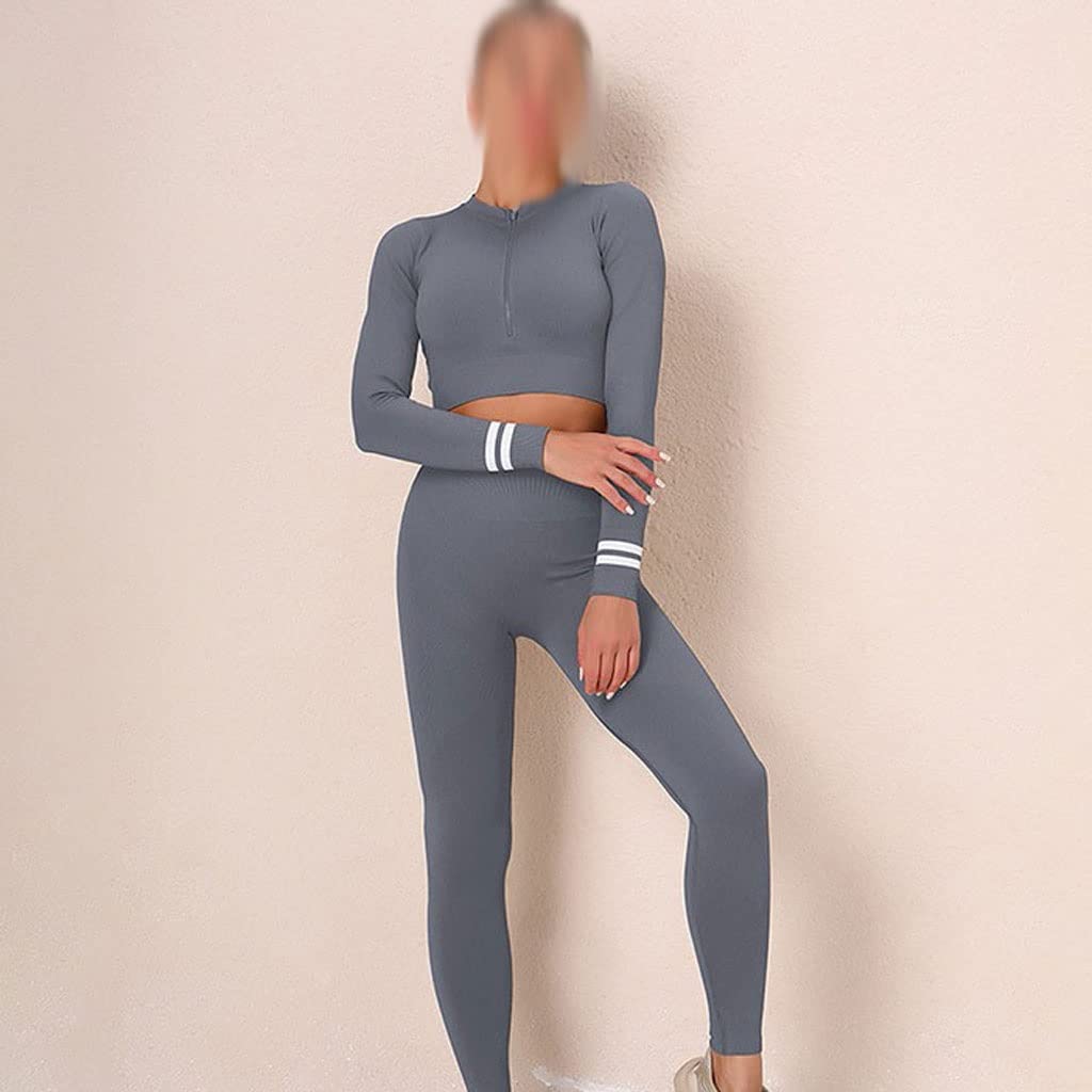 CCBUY Women's Seamless Yoga Set - High Waist Gym Leggings & Long Sleeve Workout Top - Gray Large - Perfect for Yoga, Pilates & Gym Training