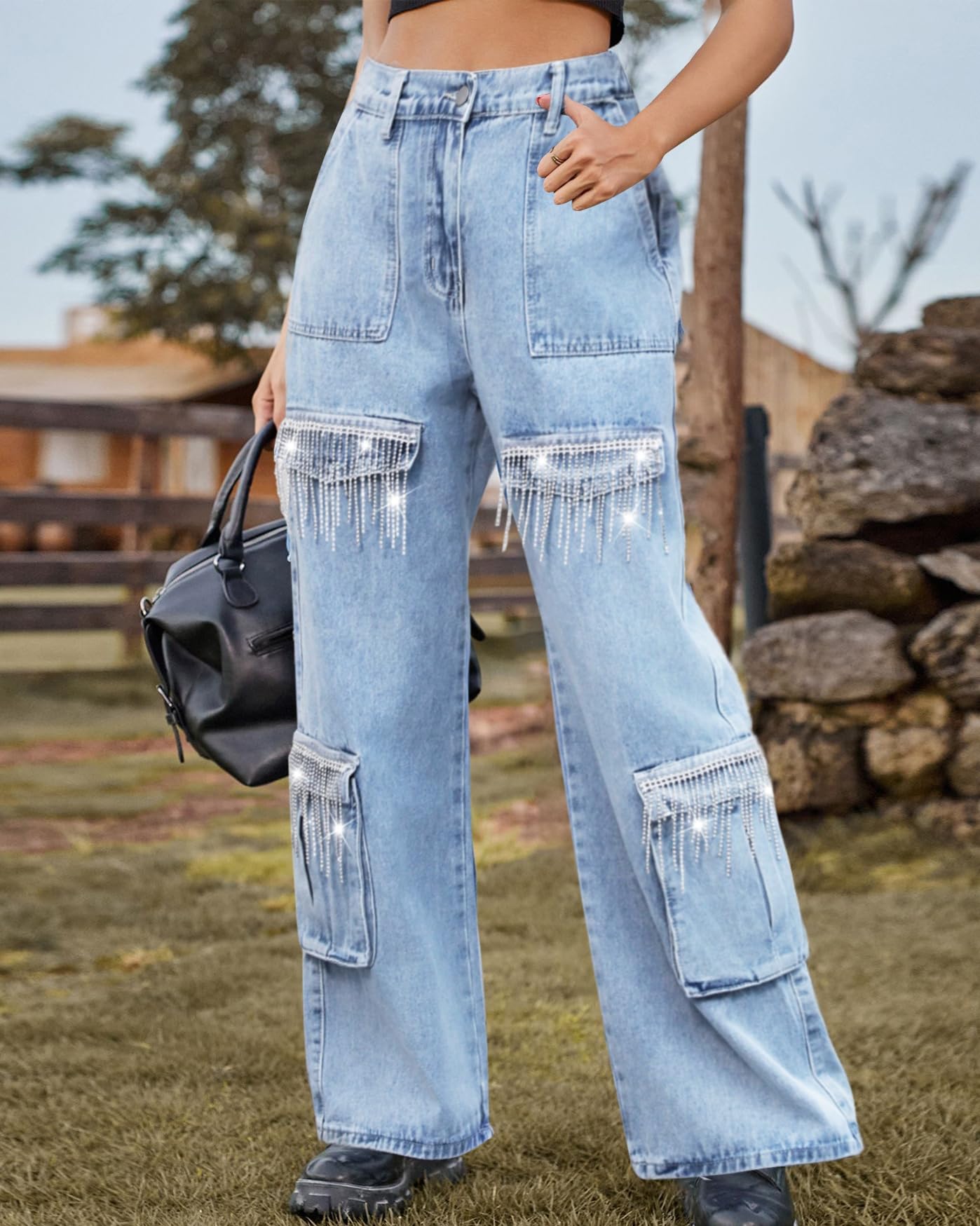 Sparkly Glitter Fringe Cargo Denim Jeans for Women - Rhinestone Tassel Wide Leg Pants | Nashville Style for Concerts, Parties & Night Out