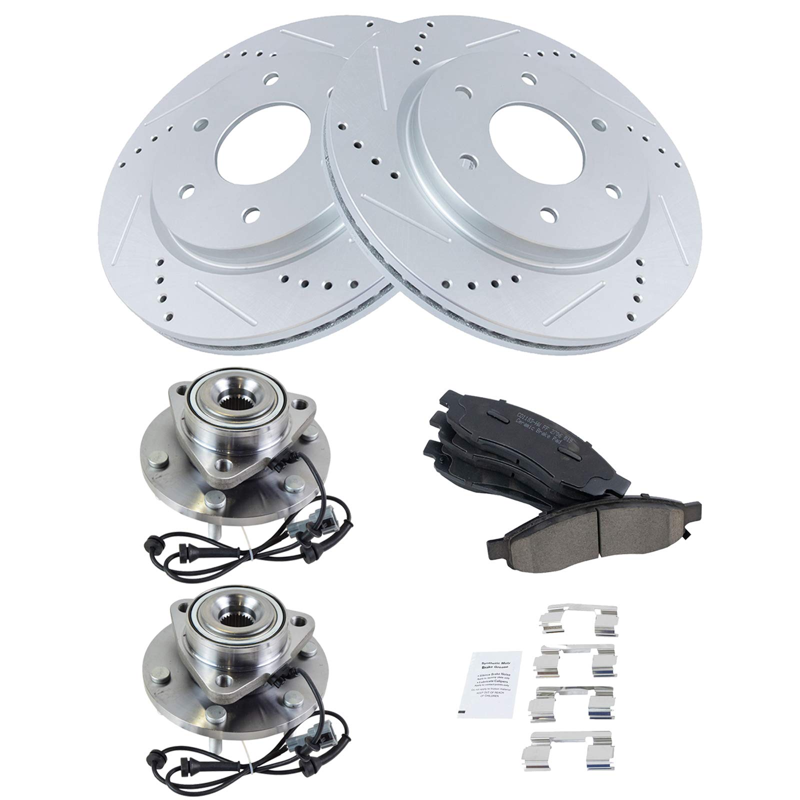 TRQ Front Performance Brake Pad & Rotor Kit - Ceramic Premium G-Coated Brake Pads & Rotors Set with Wheel Hub Bearing Assembly - Compatible with 2005-2006 INFINITI QX56, 2005-2007 Nissan Armada & Titan - Perfect for Off-Roading, Towing & Heavy-Duty Driving