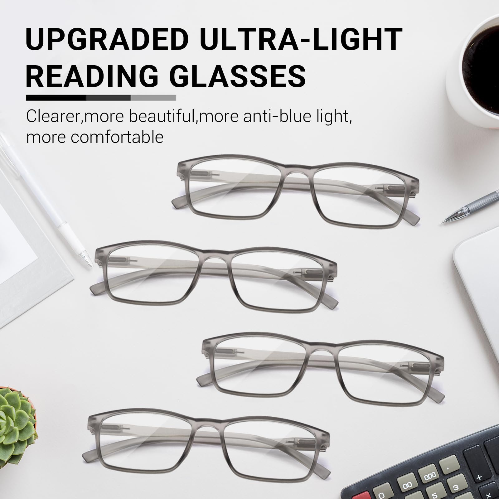 TERAISE 4-Pack Lightweight Reading Glasses with Blue Light Blocking - for Work & Screen Use