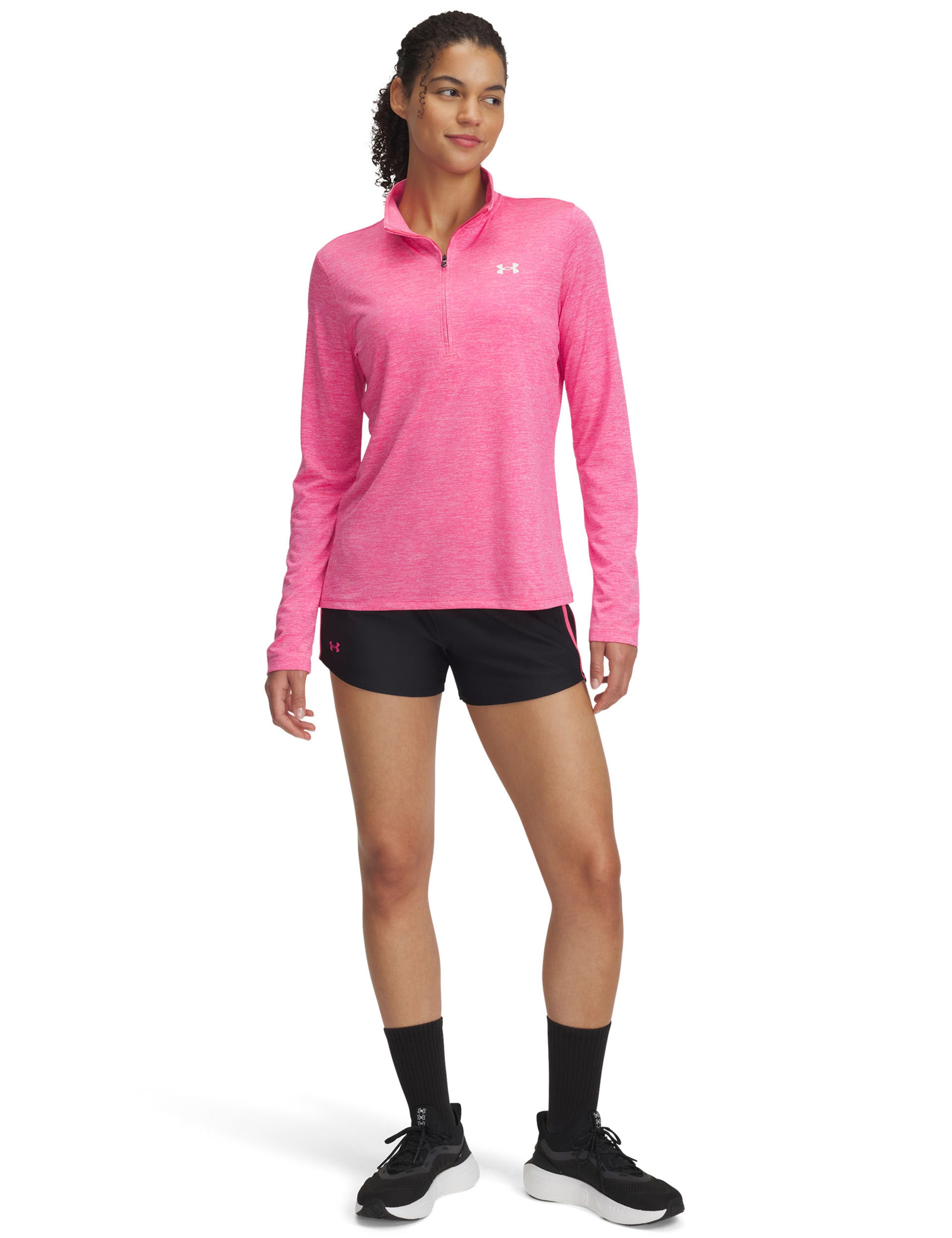 UA Tech Play Up Shorts for Women - Breathable & Quick-Dry Athletic Shorts in Black/Super Pink - Perfect for Running, Yoga & Gym Workouts