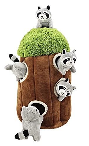 Interactive Plush Raccoon Hide & Seek Dog Toy with Squeaker - Fun Burrow Game for Small & Medium Dogs - Realistic Tree Trunk Design with Hidden Raccoon - Perfect for Indoor Play, Training & Stimulating Your Pet's Natural Hunting Instincts