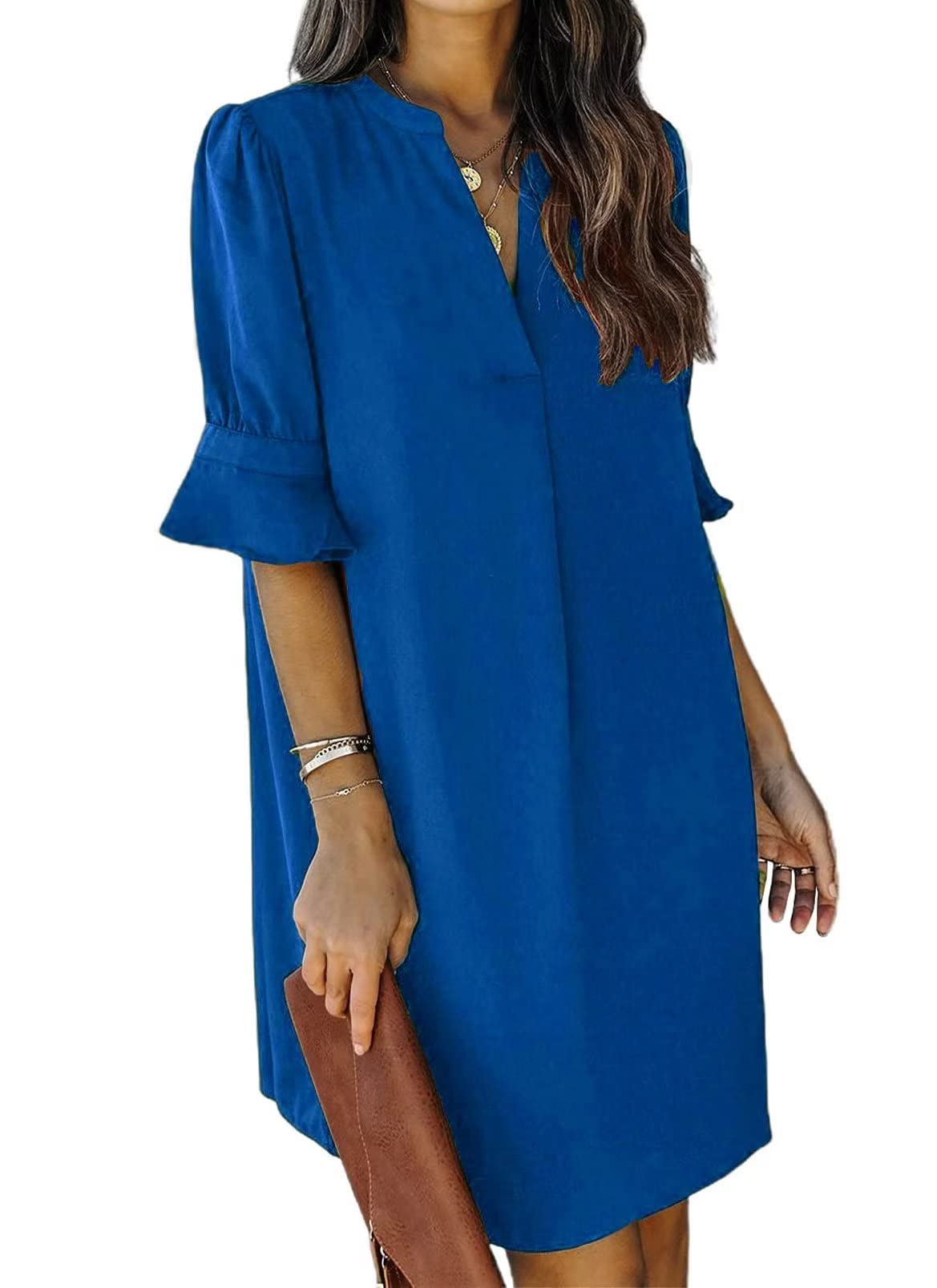 FEKOAFE Women's Summer Casual Dress 2023 - V Neck Ruffle Short Sleeve Solid Color Sundress for Beach, Party & Everyday Wear