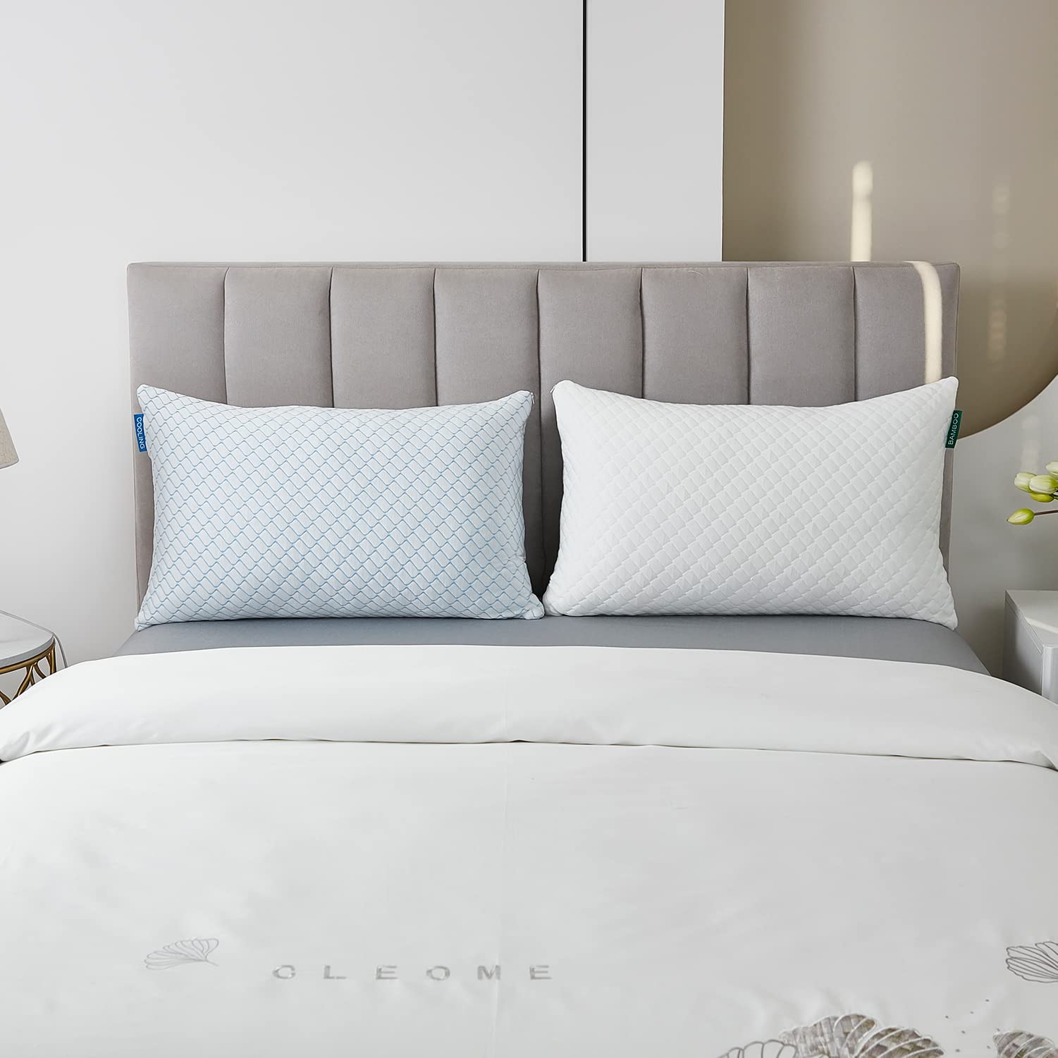 Uniqwamer Cooling Bed Pillows 2 Pack - Shredded Memory Foam Adjustable Pillows for Side & Back Sleepers, Standard Size with Washable Removable Cover - Luxury Gel-Infused Pillows for Hot Sleepers & Night Sweat Relief - Perfect for Bedroom, Guest Room & Travel