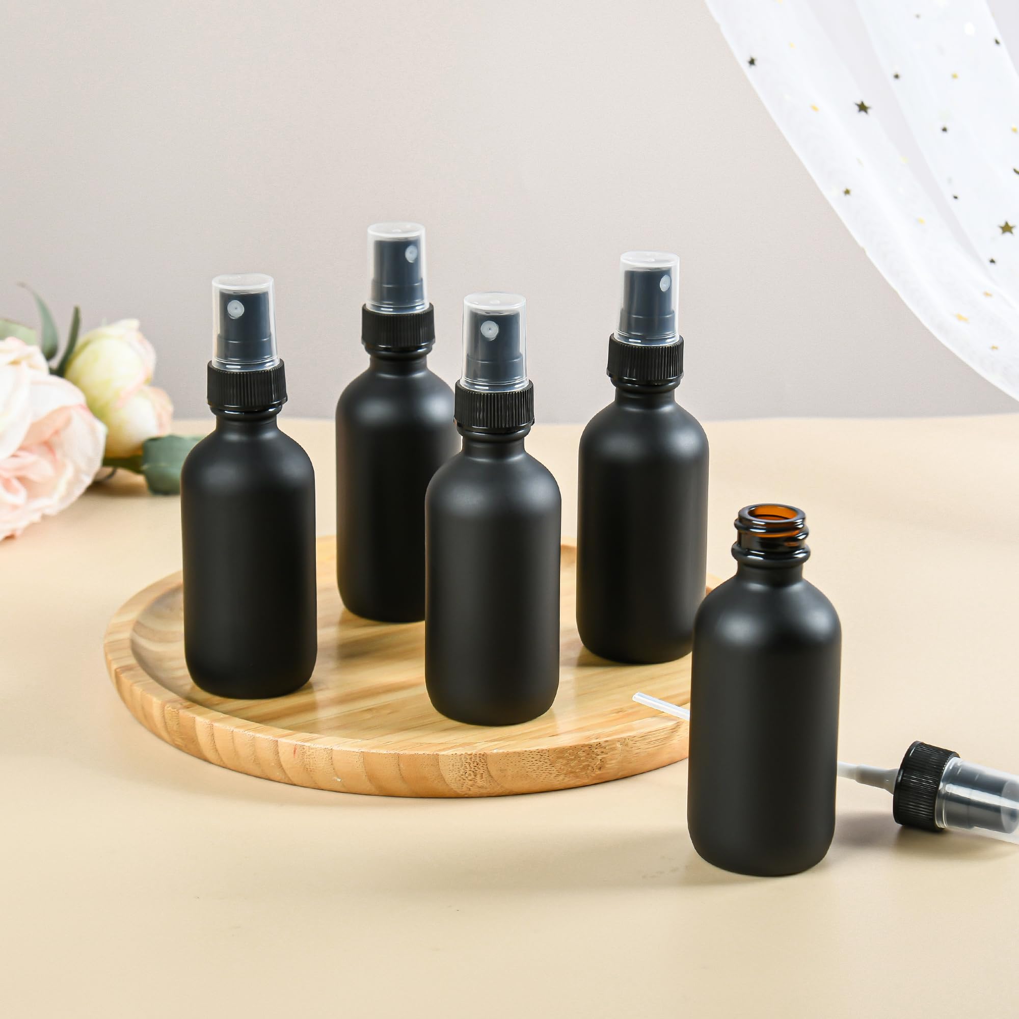 48 Pack 2oz Black Frosted Glass Boston Round Bottles with Fine Mist Sprayer - Leakproof Travel Essential Oil Containers for Bath, Beauty, Hair Care & Cleaning - Perfect for DIY, Travel & Home Organization