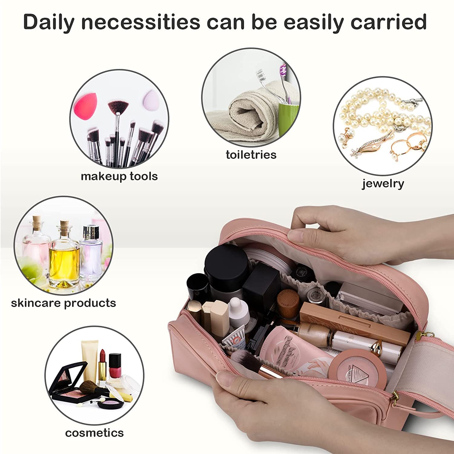 Premium Leather Makeup Bag for Women - Large Capacity Waterproof Travel Cosmetic Organizer with Handle - Perfect for Vacation, Gym & Daily Essentials Storage