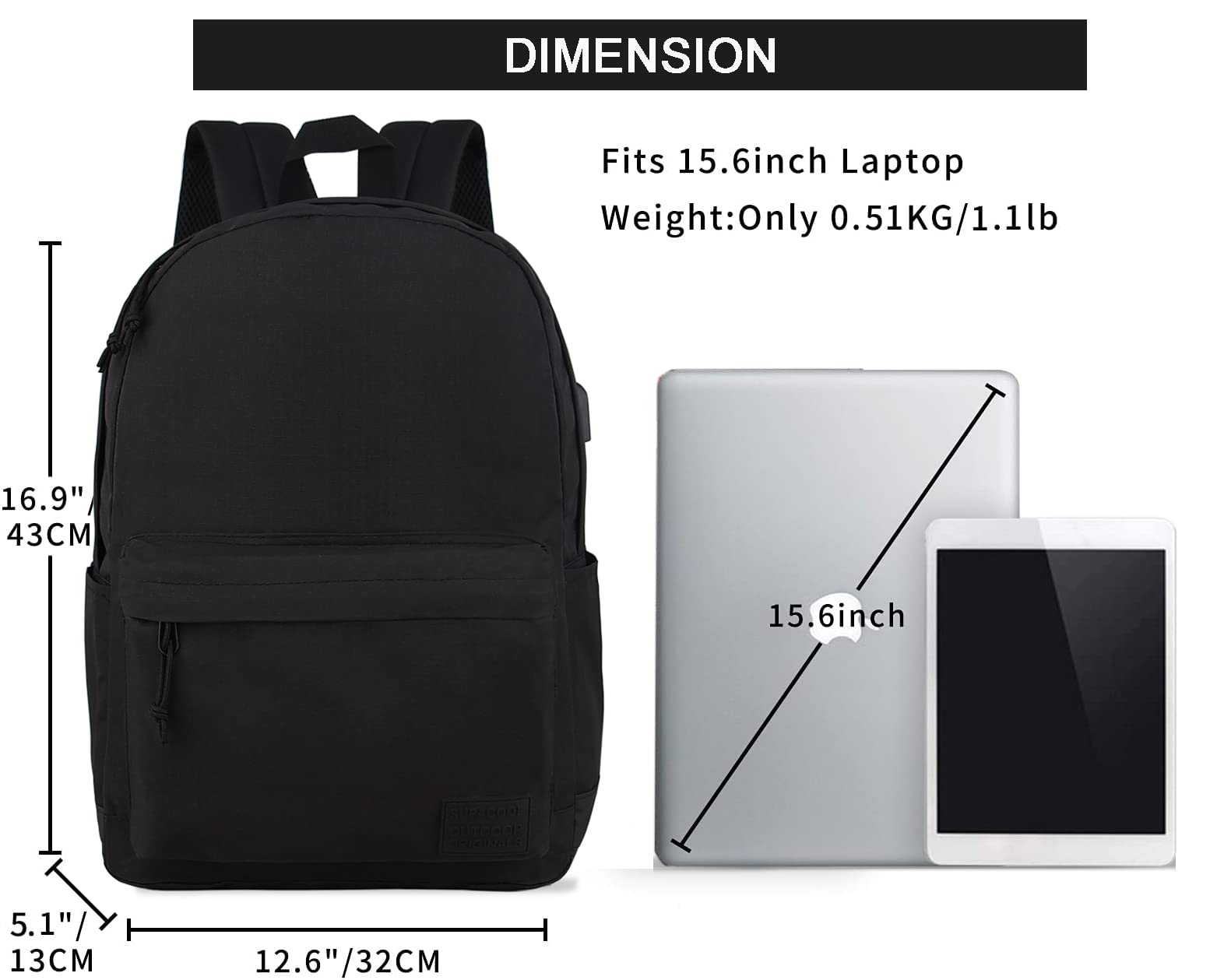 SUPACOOL Lightweight School Backpack with Pencil Pouch - Durable Bookbag for Boys & Girls (Black) - Perfect for School, Travel & Daily Use