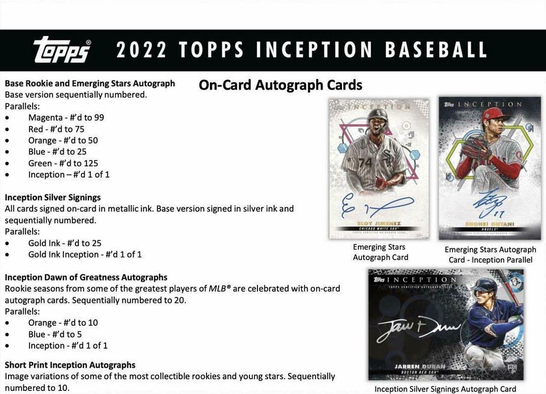 2022 Topps Inception Baseball Hobby Box - 1 Pack with 7 Cards Including 1 Autograph or Auto/Relic Card | MLB Trading Cards Collection for Collectors & Fans | Perfect for Sports Memorabilia Displays & Investment