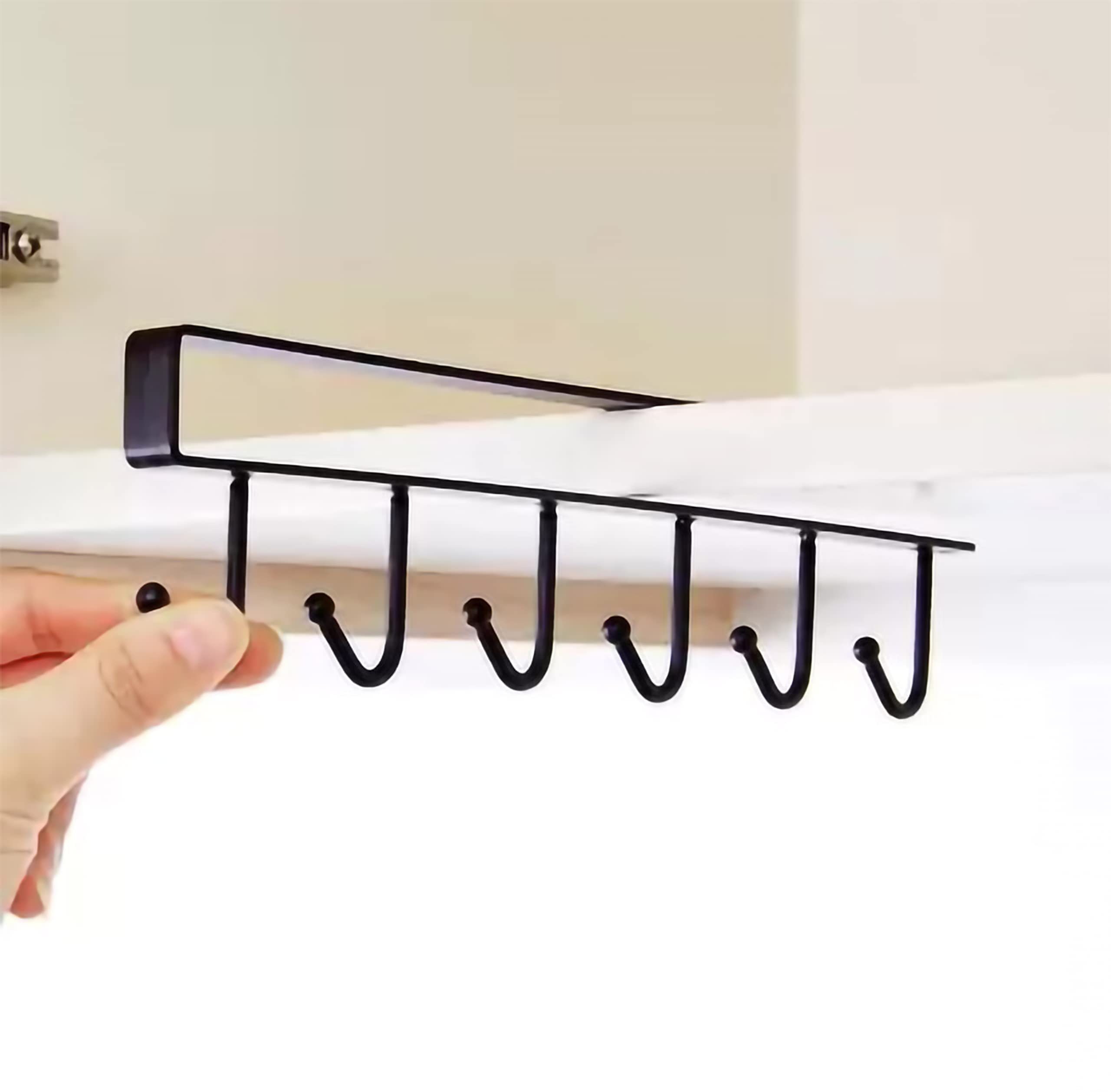 HOMIK Under Cabinet Mug Holder - 6 Hook Metal Coffee Cup Rack Organizer for Kitchen Counter, Cabinet & Table - Space Saving Black Storage Stand (Pack of 1) | Perfect for Small Kitchens, Dorms & Office Break Rooms
