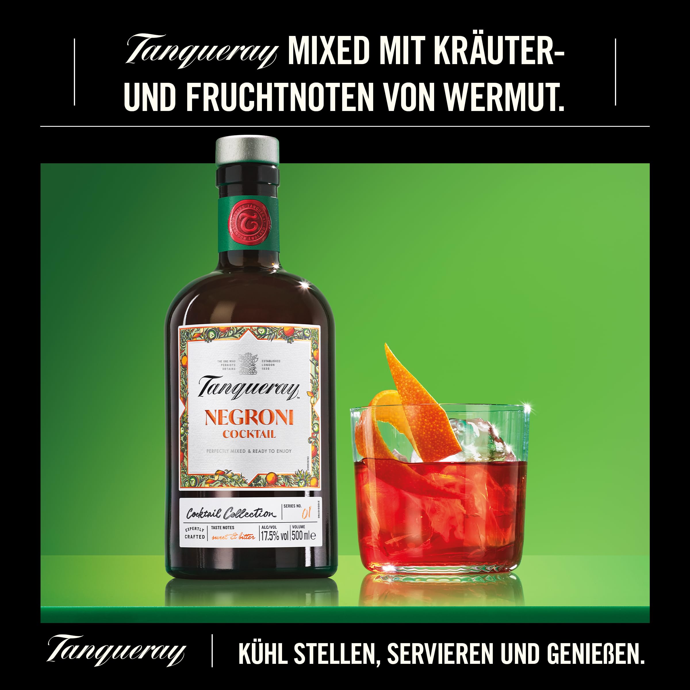 Tanqueray London Dry Gin Negroni Cocktail - Premium 17.5% Alcohol, 500ml Bottle - Perfect for Cocktail Parties, Home Bars & Gifts