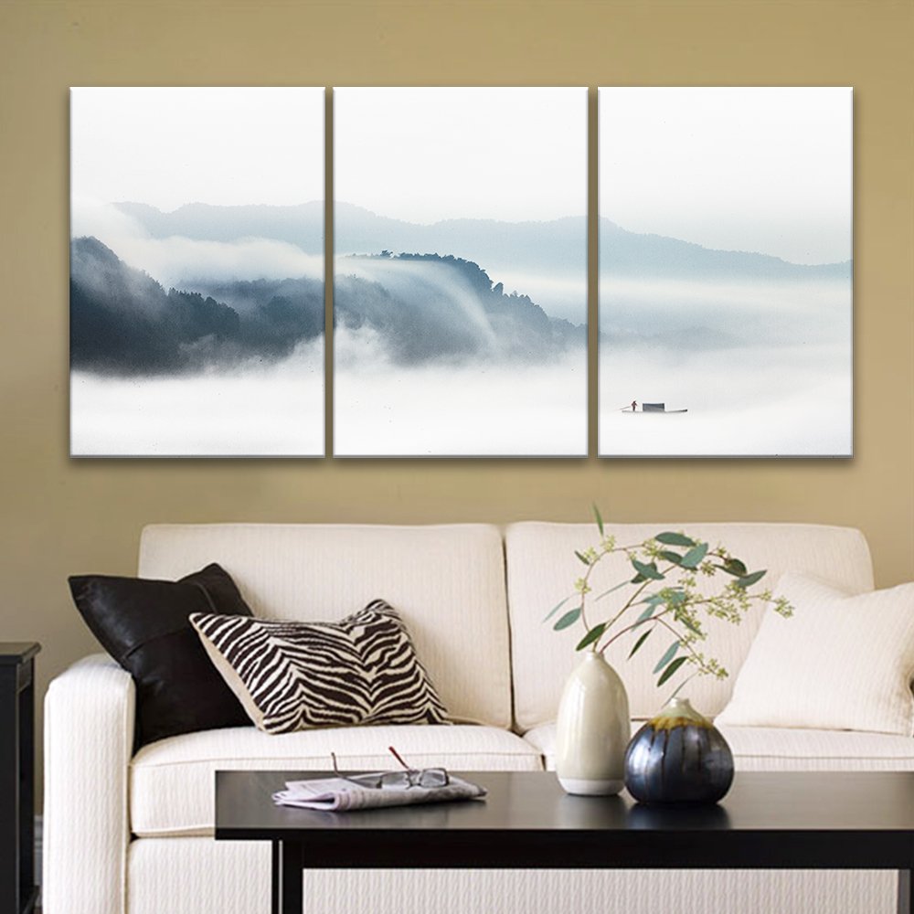 Wall26 3-Panel Canvas Wall Art - Fisherman in Boat on Misty River Landscape Painting - Giclee Print Gallery Wrapped Modern Home Decor (24x36 Inches x3 Panels) - Perfect for Living Room, Bedroom & Office Wall Decor