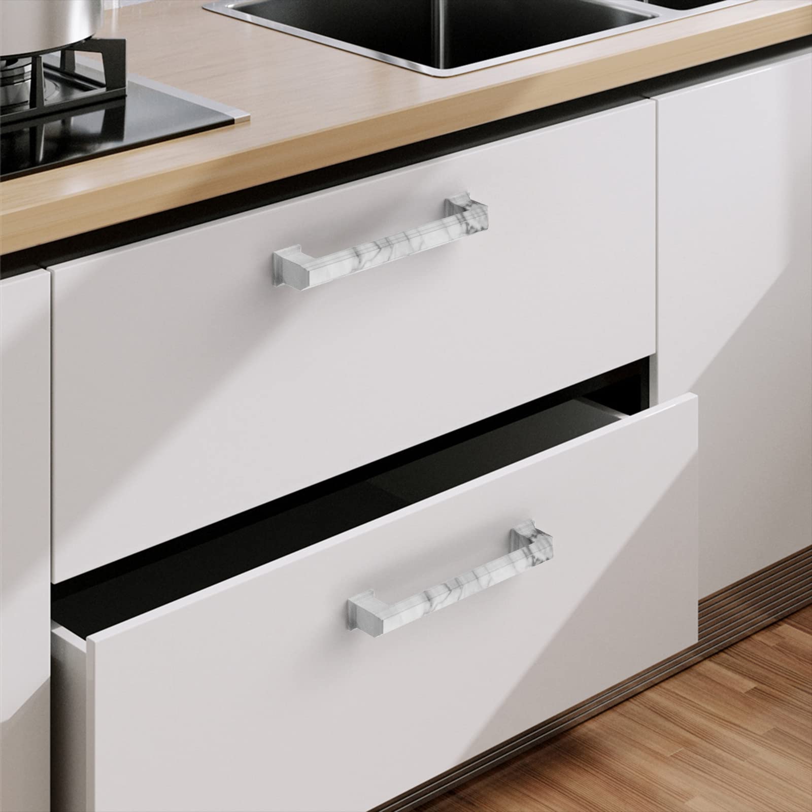 10 Pack 5 Inch White Marble Cabinet Handles - Premium Zinc Alloy Kitchen Cabinet Pulls for Cabinets, Dressers & Furniture Hardware (Perfect for Modern Kitchen & Bathroom Renovation)